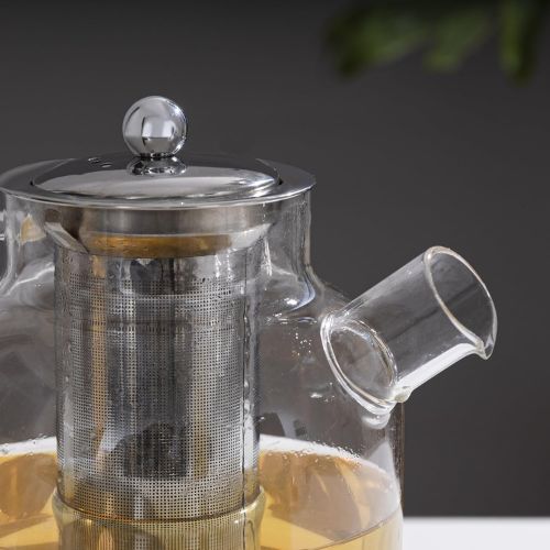 1CHASE Borosilicate Glass Teapot with Stainless Steel Infuser & Removable Lid | 1600ml Large Capacity Loose Leaf Tea Strainer with Heat-Resistant Tea Pot Filter for Kitchen
