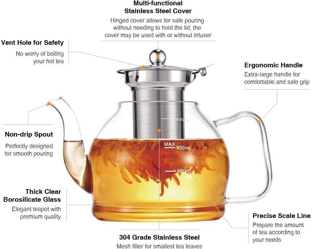 Borosilicate Glass Teapot 1200 ML with Stainless Steel Infuser with Lid