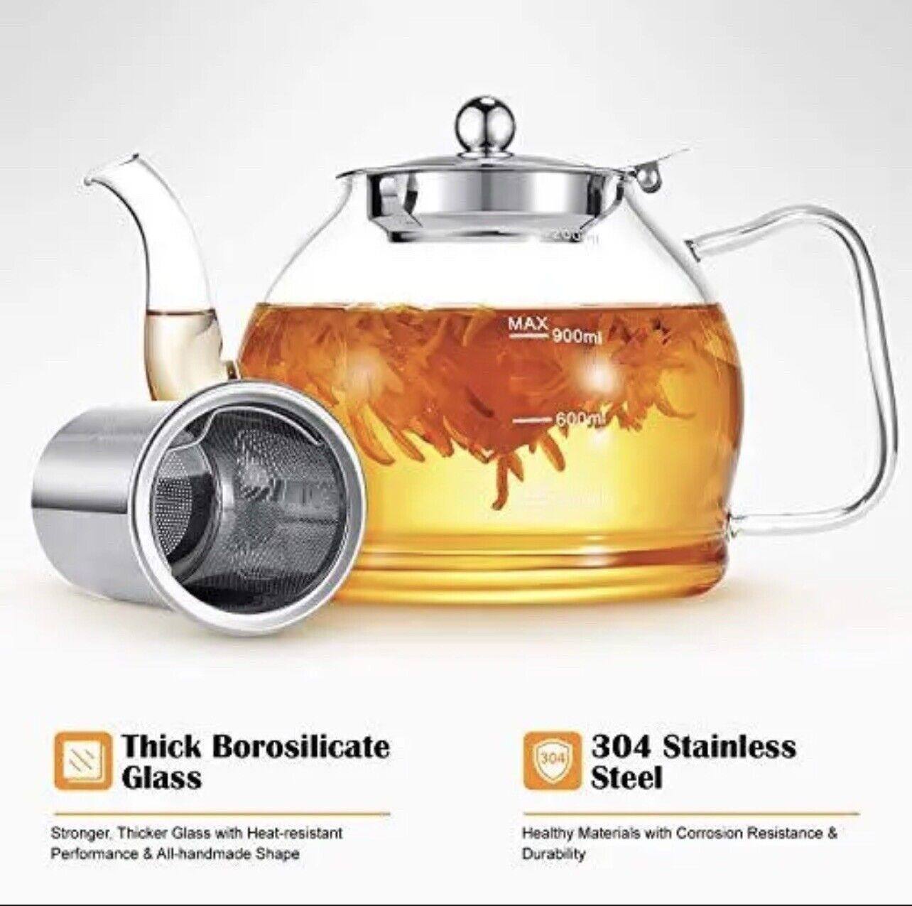 Borosilicate Glass Teapot 1200 ML with Stainless Steel Infuser with Lid