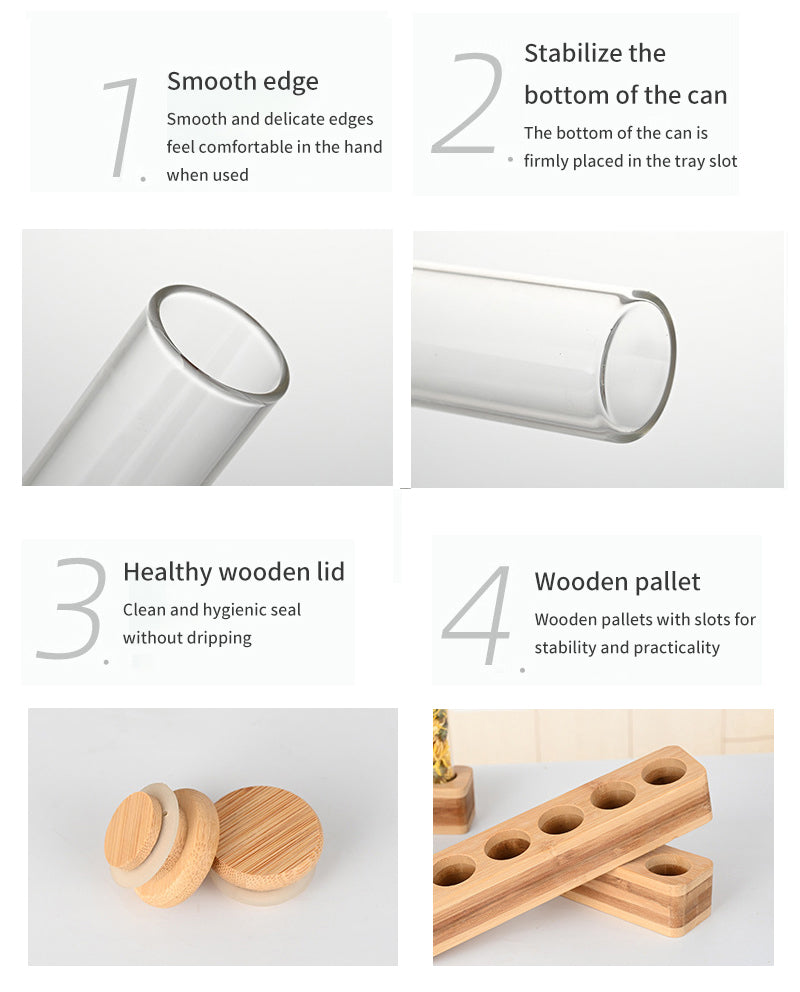 Borosilicate Glass Storage Tube With Bamboo Lid and Wooden Base 100 ML ( Set of 4 )
