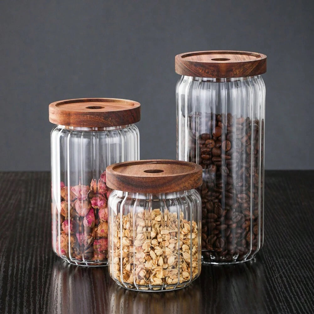 Stripe Glass Food Storage Jar With Acacia Wood Air Tight Lid, Set Of 2