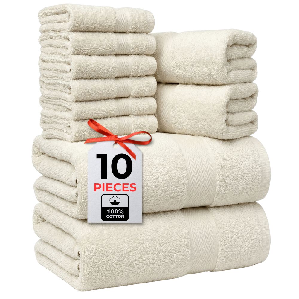 Bath Towel Set, 600 GSM Luxury Towels 10-Piece 100% Cotton, 2 Bath Towels (70x140cm), 2 Hand Towels (40x70cm), 6 Washcloths (30x30cm), Ultra Soft