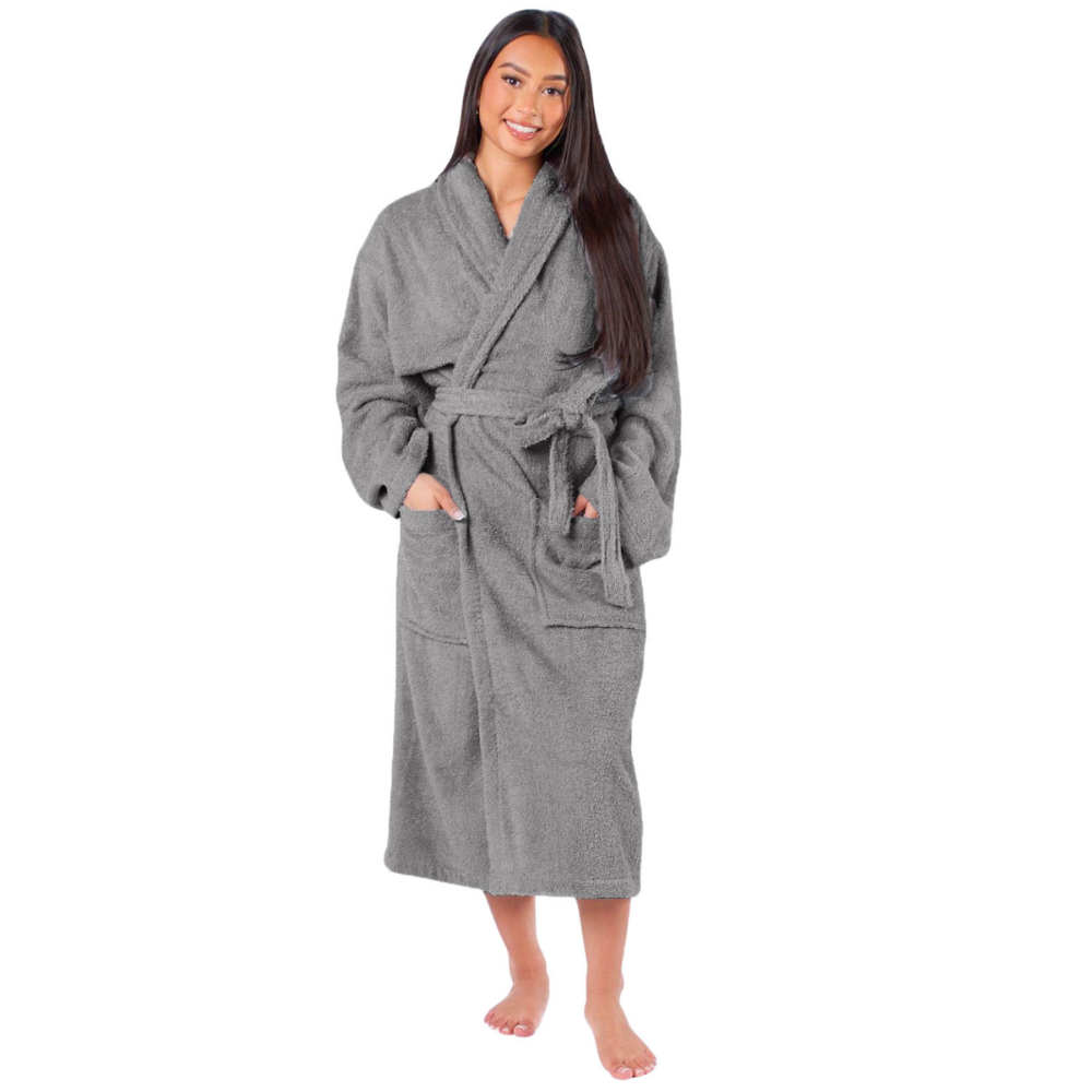 1CHASE Luxury Cotton Bathrobe Ultra Soft, 100% Cotton Shawl Collar Robe for Men & Women, Hotel & Home Comfort (L/XL), Grey