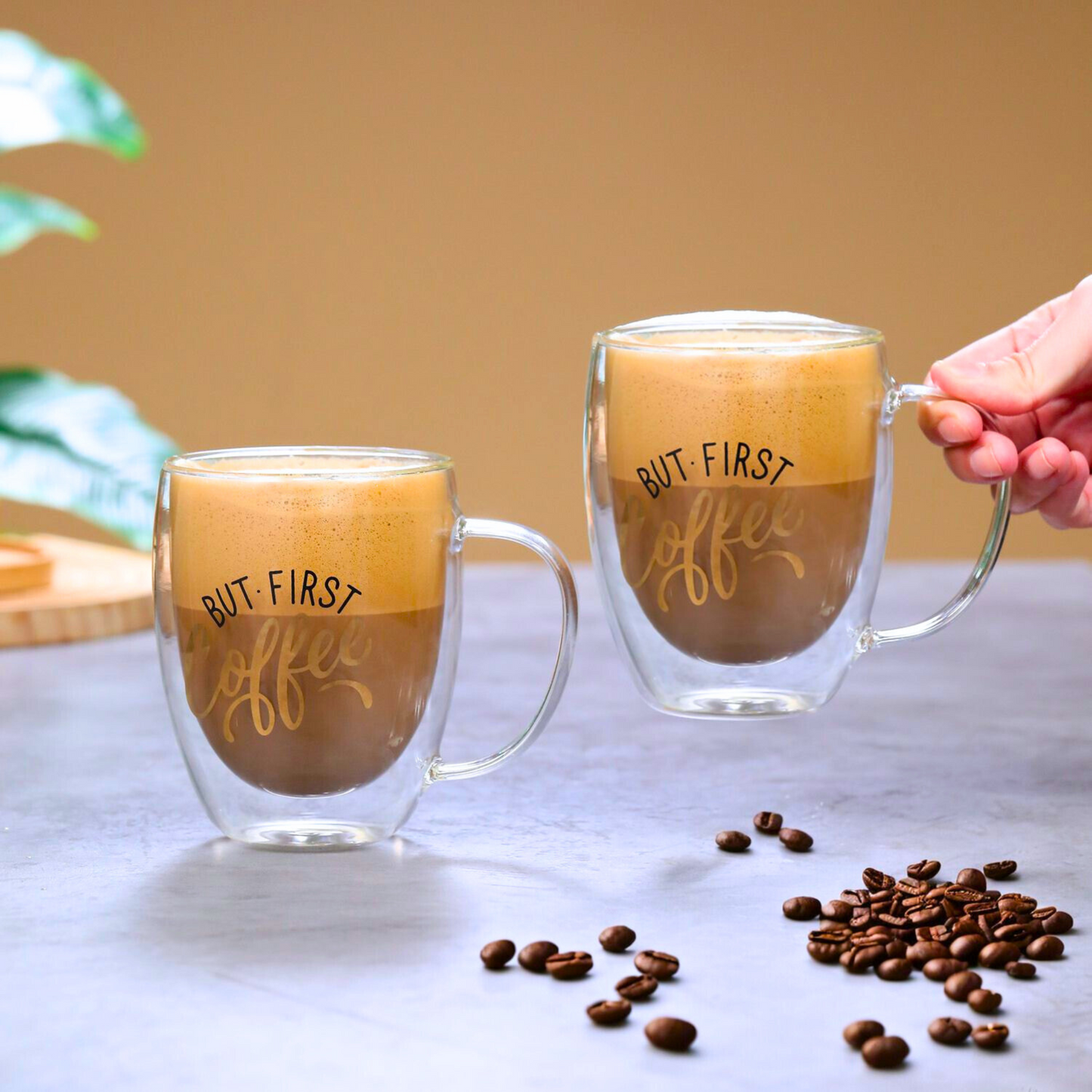 Borosilicate But First Coffee Printed Double Wall Glass with Handle and Straw 350 ML (Set of 2)