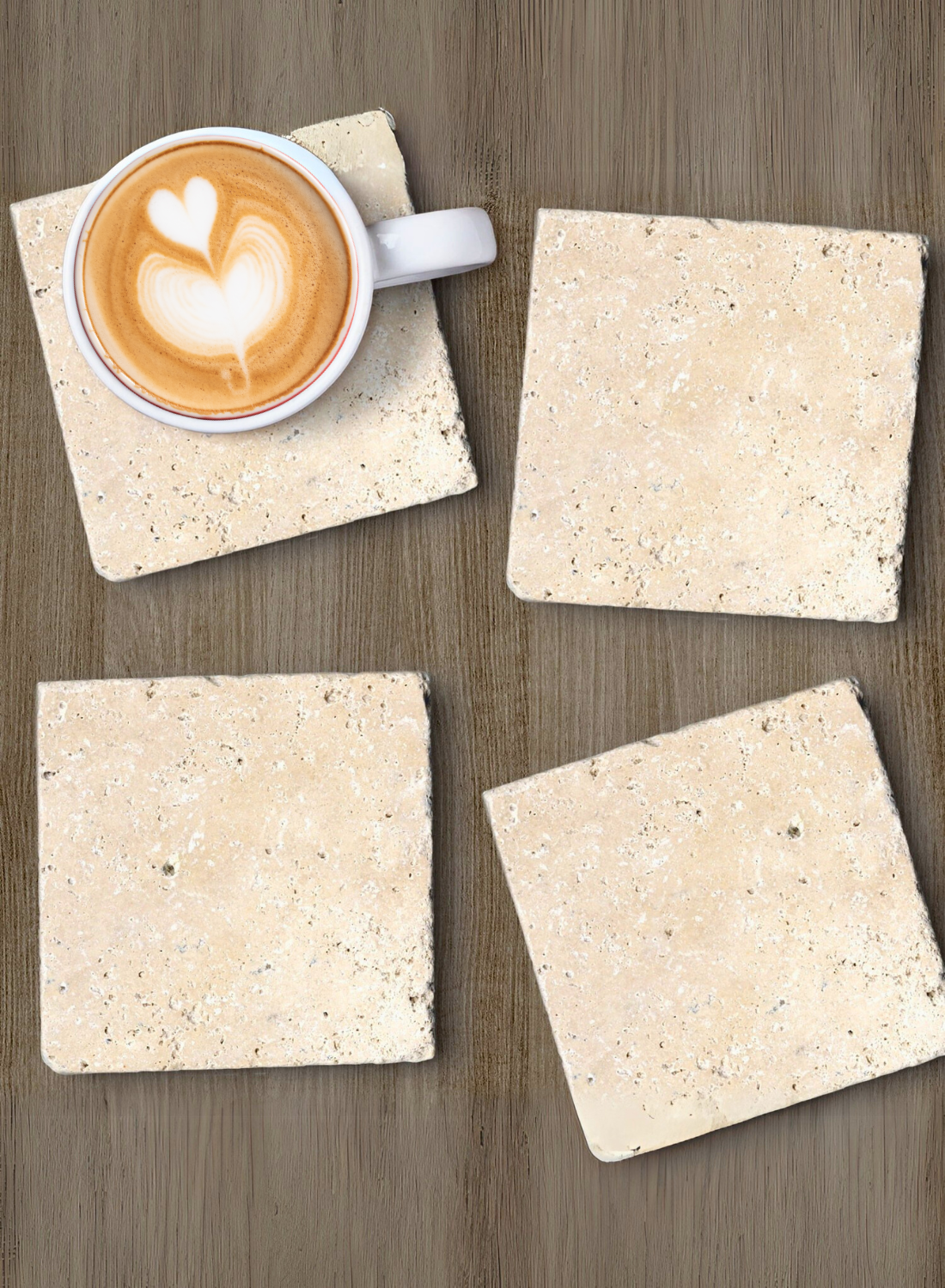 1Chase Natural Travertine Marble Coasters – Set of 4 (10x10cm) | Premium Travertine Marble Drink Coasters for Home & Office