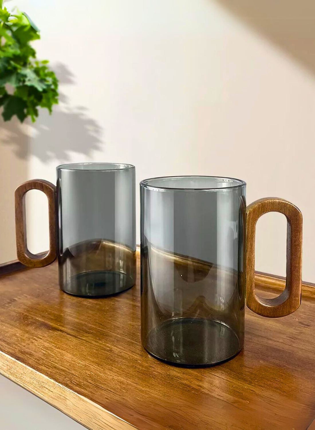 Smoky Grey Borosilicate Glass Mugs with Walnut Acacia Wooden Handle – 350ML (Set of 2)