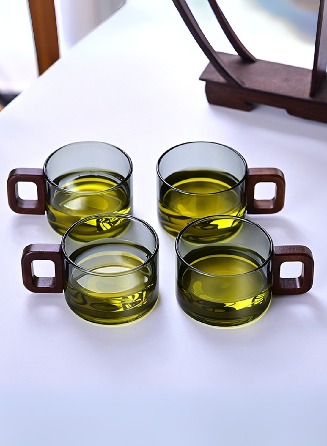 Borosilicate Glass Cups – Smoky Grey (Set of 4) | 200ml | Walnut Acacia Wooden Handle | Heat-Resistant & Elegant Glassware for Tea, Coffee & More