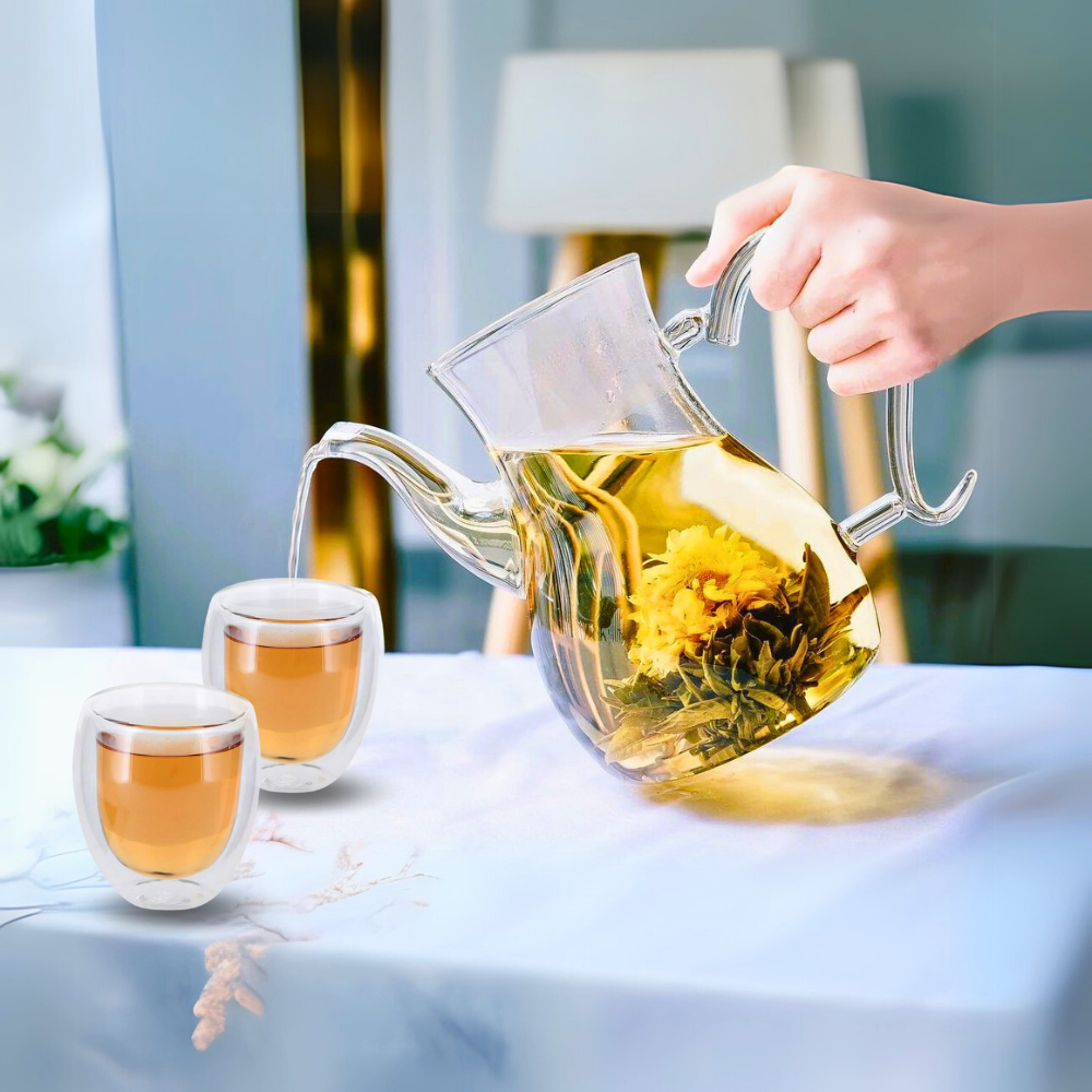 1Chase Arabic Tea Set β 1000ml Borosilicate Glass Teapot with Heart-Shaped Warmer & 6Pc 80ml Tea Cups β Heat-Resistant, Elegant Present for Ramadan & Special Occasions