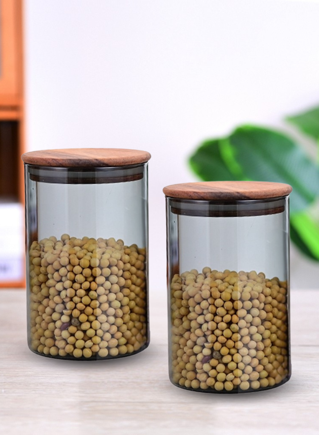 Borosilicate Glass Storage Jar Smoky Grey 900 ML - (Set of 2) | Airtight Food Container with Acacia Wooden Lid | Durable & Stylish Kitchen Storage