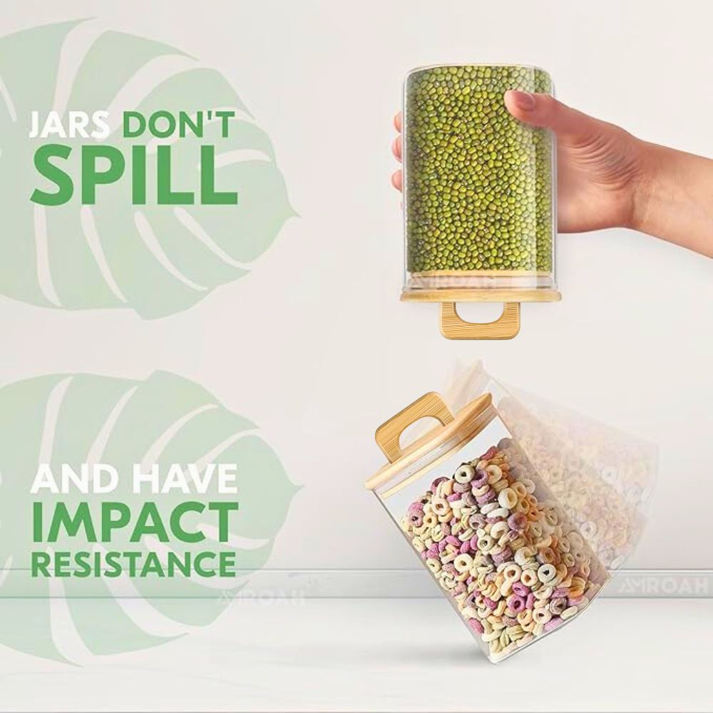 Square Glass Storage Jars with Acacia Wood Lids – Set of 2 (900ml) Large Pantry Containers with Handle Lids for Pasta, Oats, Flour, Cookies, Coffee, Rice & More