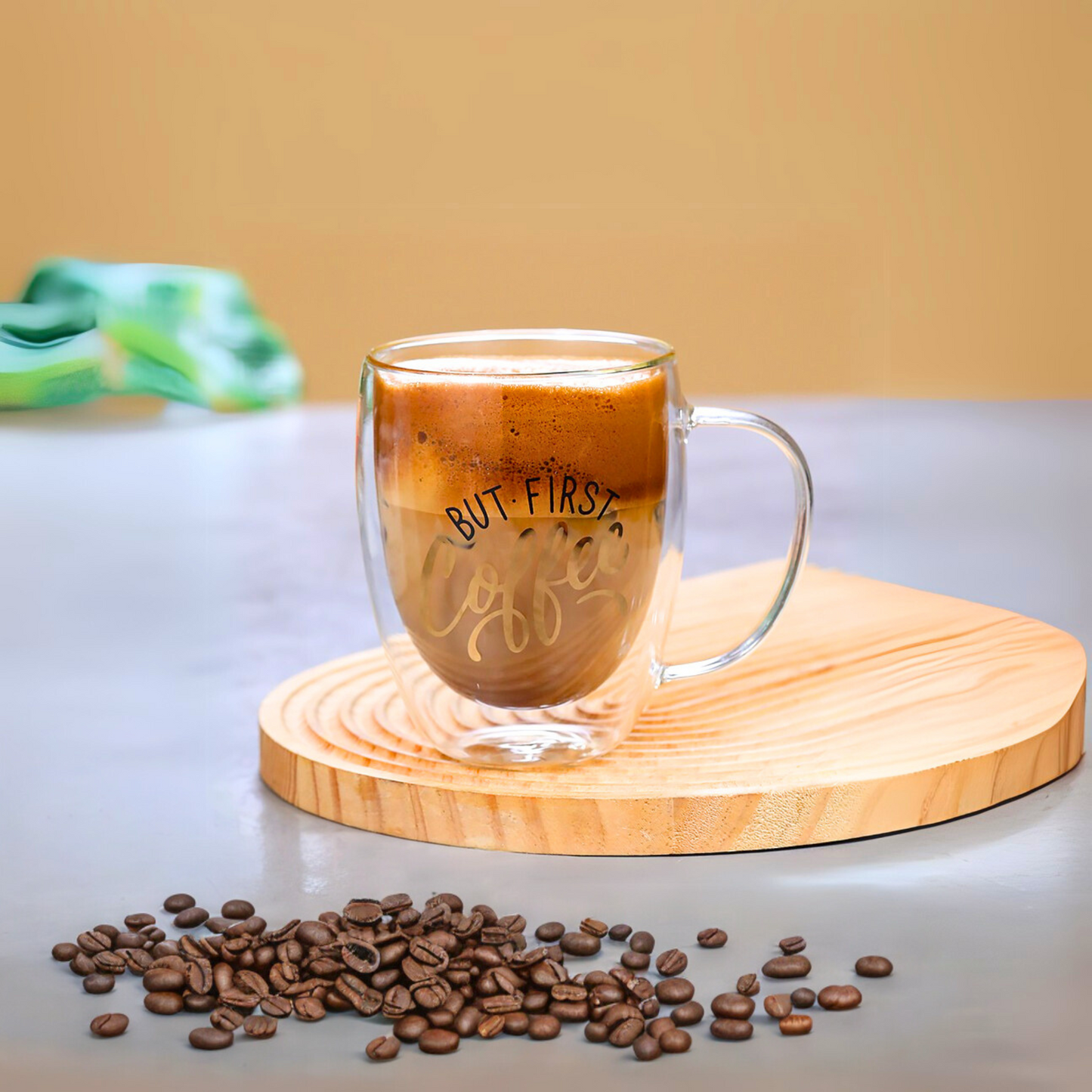Borosilicate But First Coffee Printed Double Wall Glass with Handle and Straw 350 ML (Set of 2)