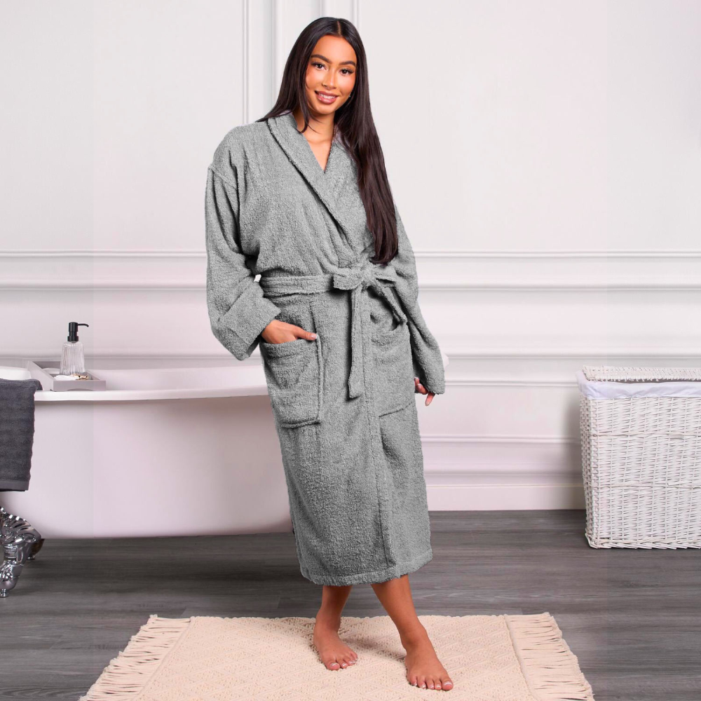1CHASE Luxury Cotton Bathrobe Ultra Soft, 100% Cotton Shawl Collar Robe for Men & Women, Hotel & Home Comfort (L/XL), Grey