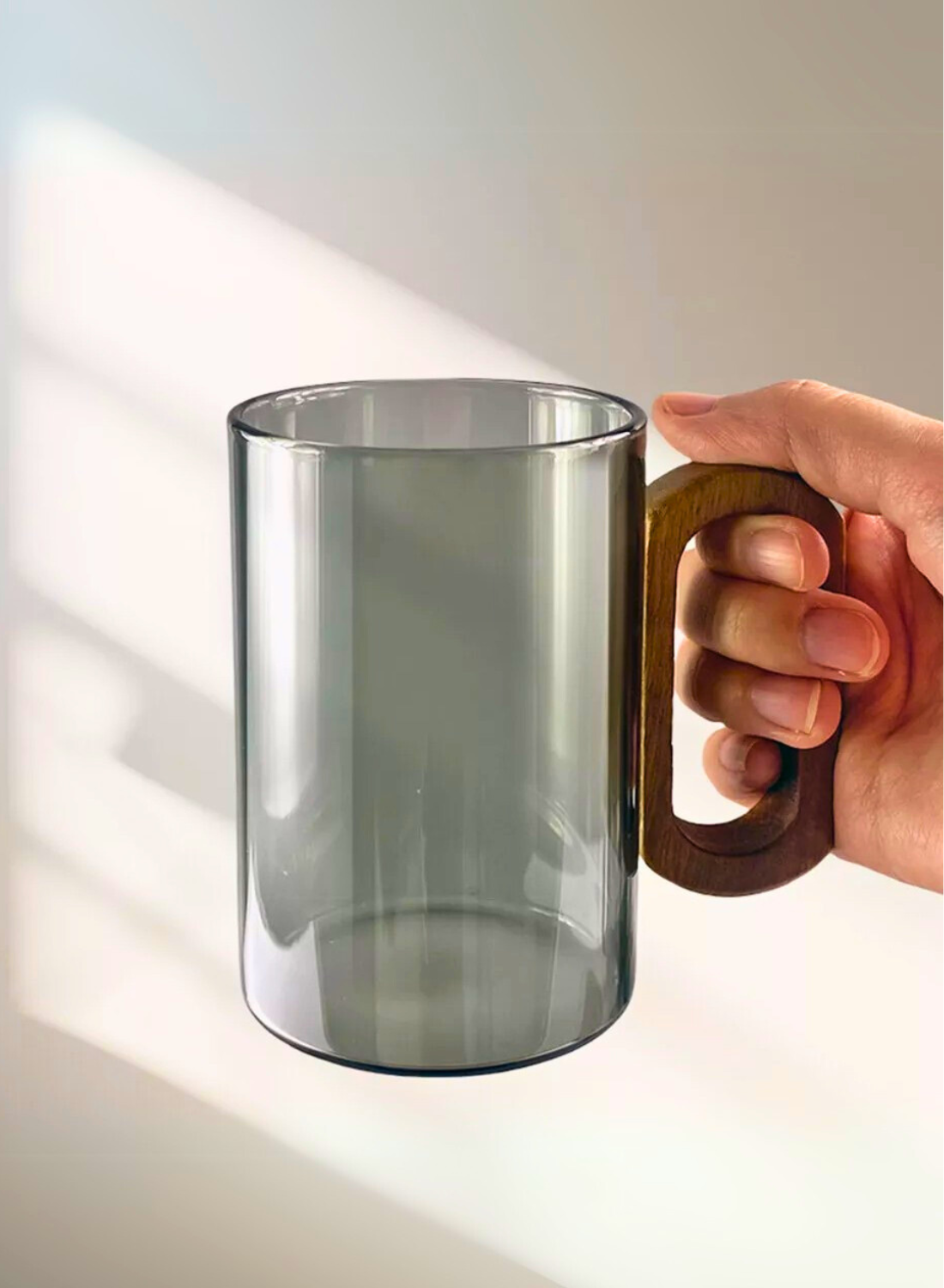 Smoky Grey Borosilicate Glass Mugs with Walnut Acacia Wooden Handle – 350ML (Set of 2)