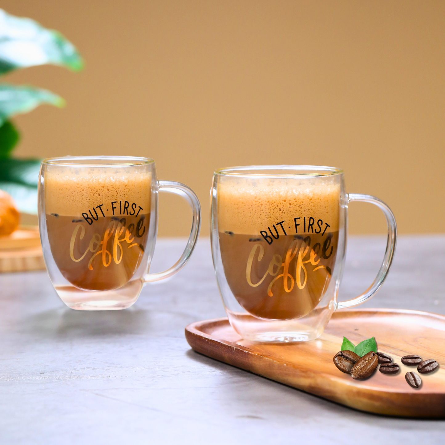 Borosilicate But First Coffee Printed Double Wall Glass with Handle and Straw 350 ML (Set of 2)