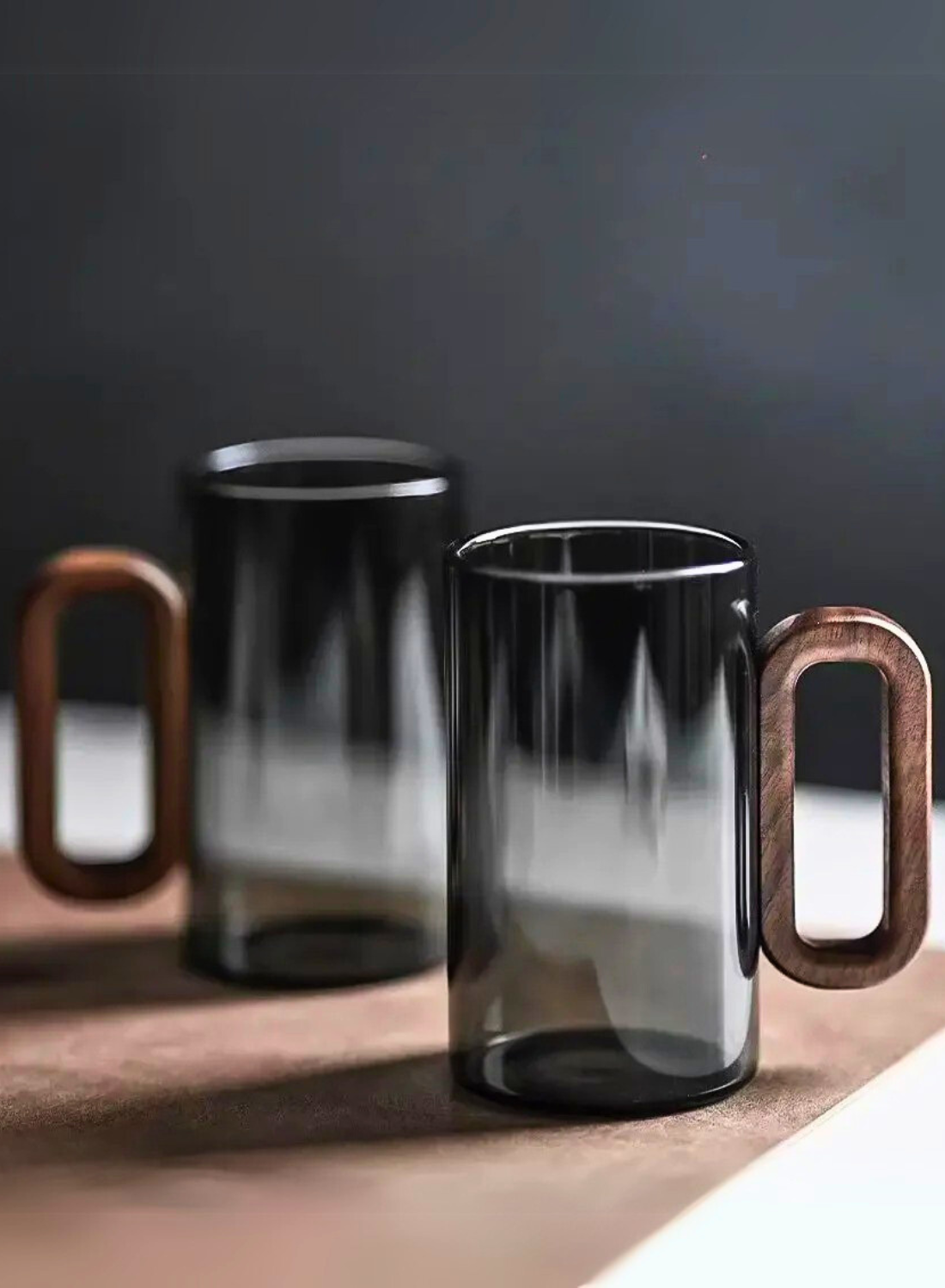 Smoky Grey Borosilicate Glass Mugs with Walnut Acacia Wooden Handle – 350ML (Set of 2)