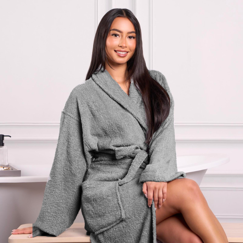 1CHASE Luxury Cotton Bathrobe Ultra Soft, 100% Cotton Shawl Collar Robe for Men & Women, Hotel & Home Comfort (L/XL), Grey