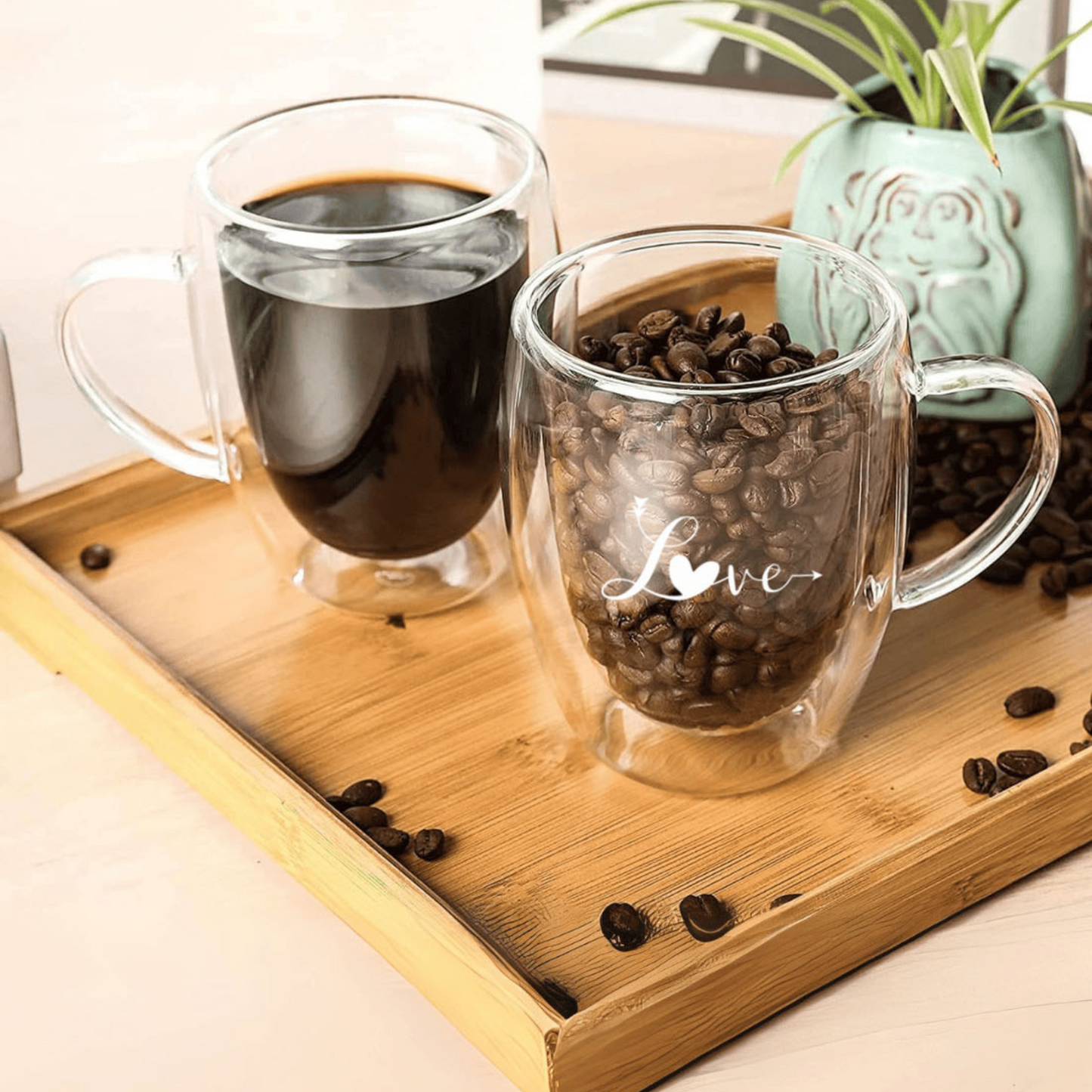 Cốc thủy tinh in chữ "LOVE" treo tường, Bộ 2 chiếc, 350 ML