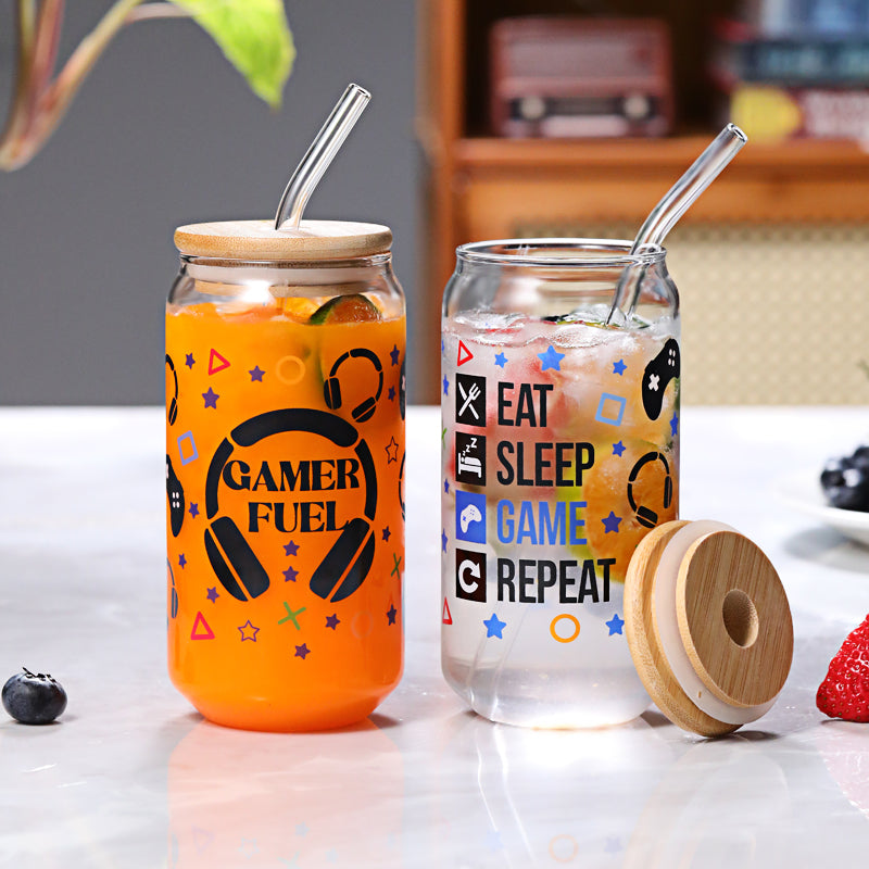 1CHASE Gaming gifts Drinking Glasses With Bamboo Lid and Glass Straw, 550ML (Set of 2), Mason Jar, Can Shaped Tumblers, Gamers gifts for men, boys,gifts for women(GAMER FUEL)
