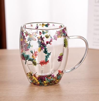 1CHASE Borosilicate Double Wall Flower Glass Coffee Cups with Handle 350 ML (Set of 2), Dry Flower Transparent Aesthetic Cups, Double Insulated Glass Cup for Hot Cold Beverages, Cappuccino (2 PCS)