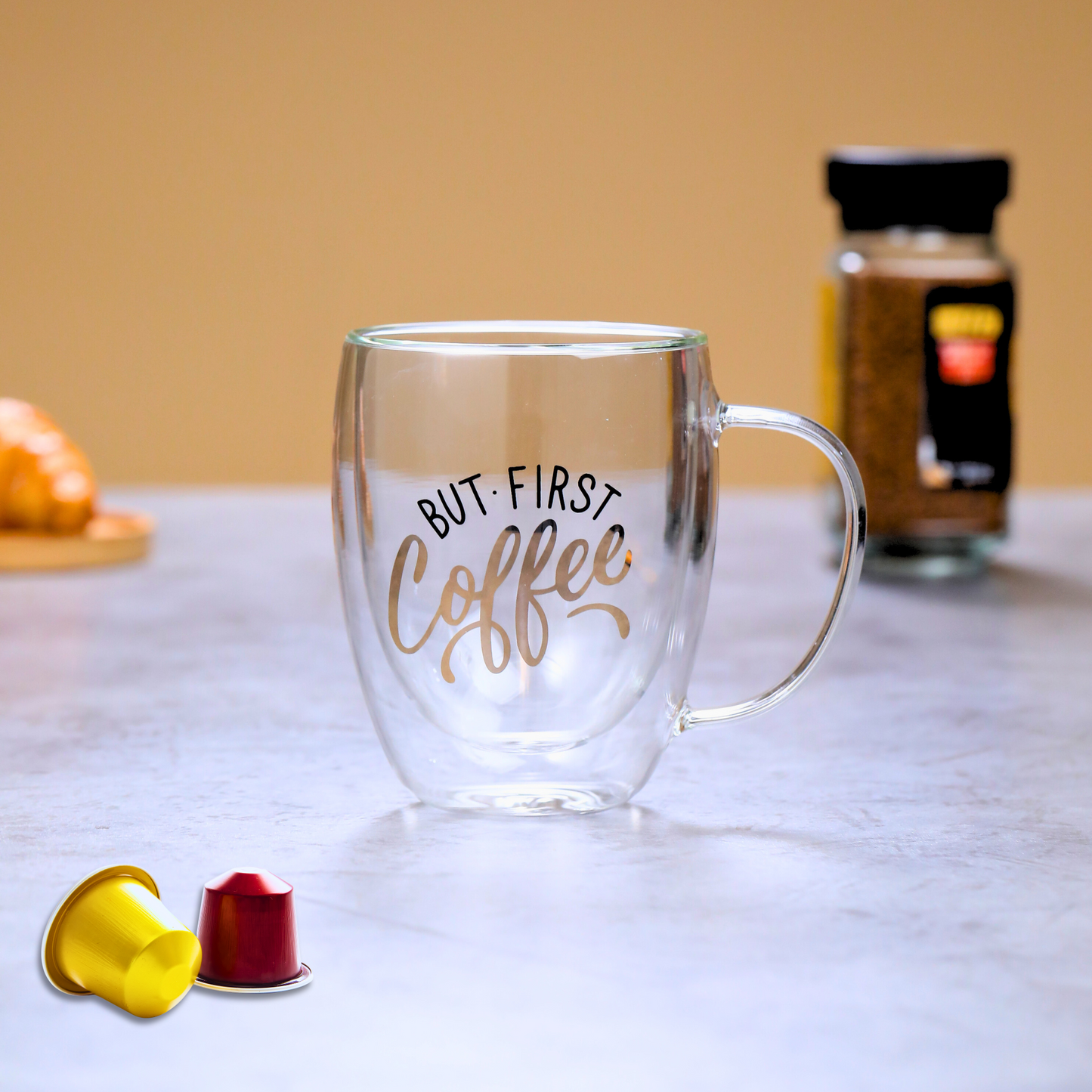 Borosilicate But First Coffee Printed Double Wall Glass with Handle and Straw 350 ML (Set of 2)