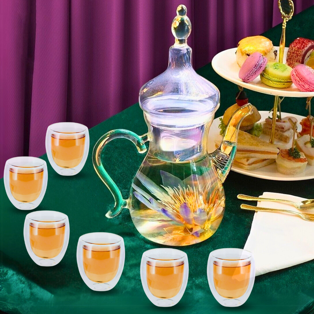 1Chase Arabic Tea Set β 1000ml Borosilicate Glass Teapot with Heart-Shaped Warmer & 6Pc 80ml Tea Cups β Heat-Resistant, Elegant Present for Ramadan & Special Occasions