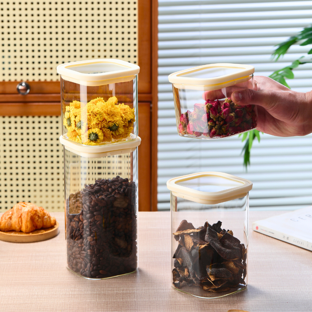 1CHASE Square Glass Storage Jars – Set of 4 (900ML, 1100ML, 1500ML, 1800ML) | Airtight & Stackable Borosilicate Food Storage Jars with Silicone Lids for Kitchen, Pantry, Snacks, Spices & Dry Food