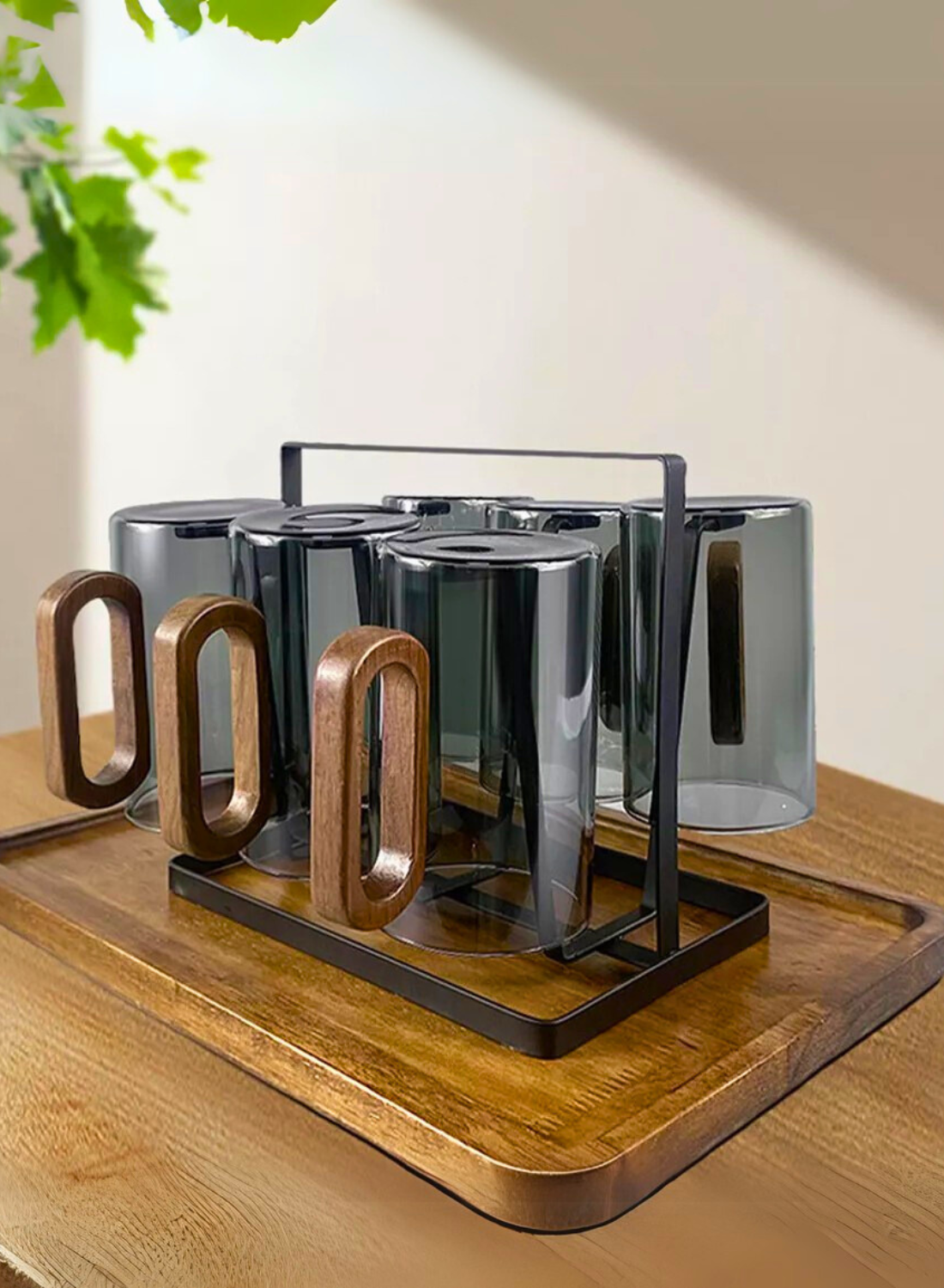 Smoky Grey Borosilicate Glass Mugs with Walnut Acacia Wooden Handle – 350ML (Set of 2)