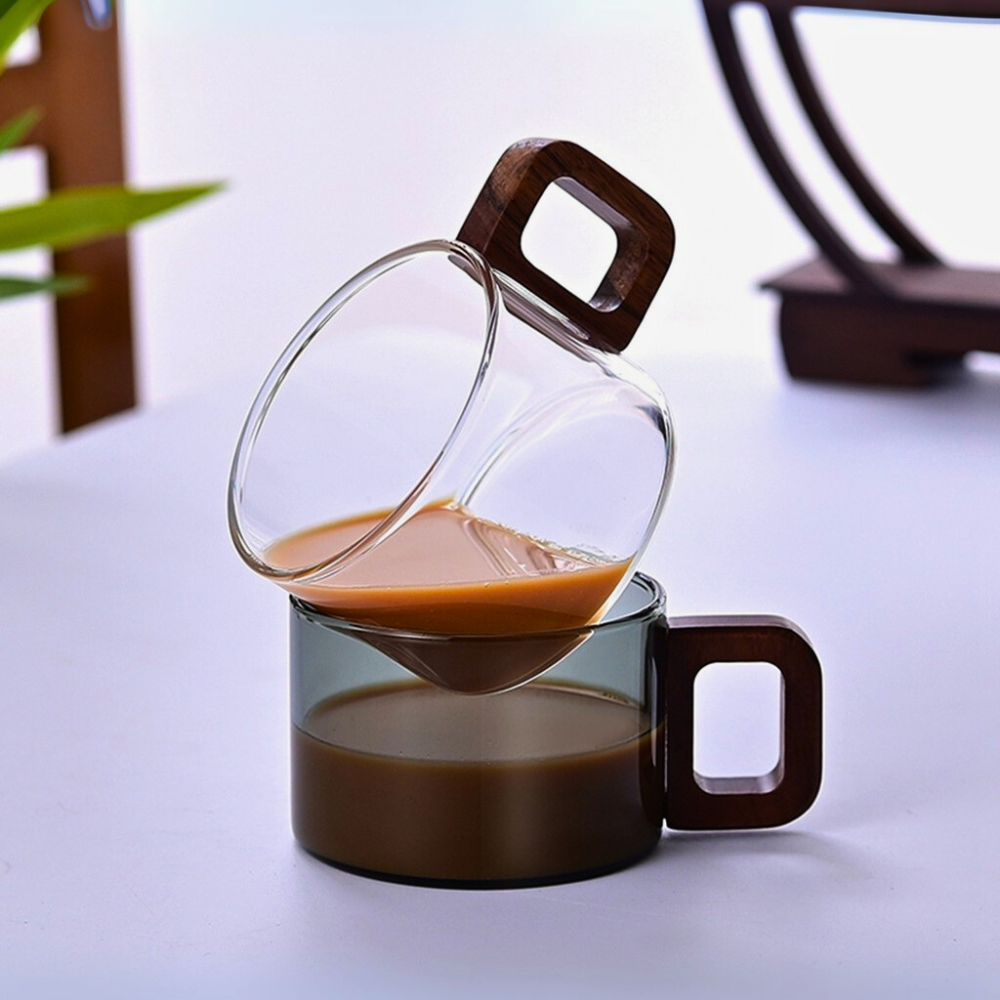 Borosilicate Glass Cups – Smoky Grey (Set of 4) | 200ml | Walnut Acacia Wooden Handle | Heat-Resistant & Elegant Glassware for Tea, Coffee & More