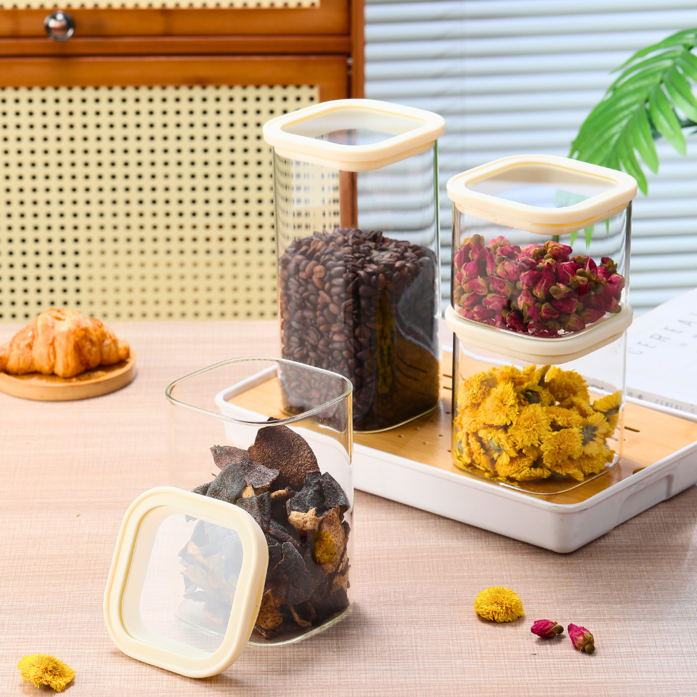 1CHASE Square Glass Storage Jars – 1500ML (Set Of 2) | Airtight & Stackable Borosilicate Food Storage Jars with Silicone Lids for Kitchen, Pantry, Snacks, Spices & Dry Food (Medium)