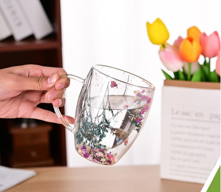 1CHASE Borosilicate Double Wall Flower Glass Coffee Cups with Handle 350 ML (Set of 2), Dry Flower Transparent Aesthetic Cups, Double Insulated Glass Cup for Hot Cold Beverages, Cappuccino (2 PCS)