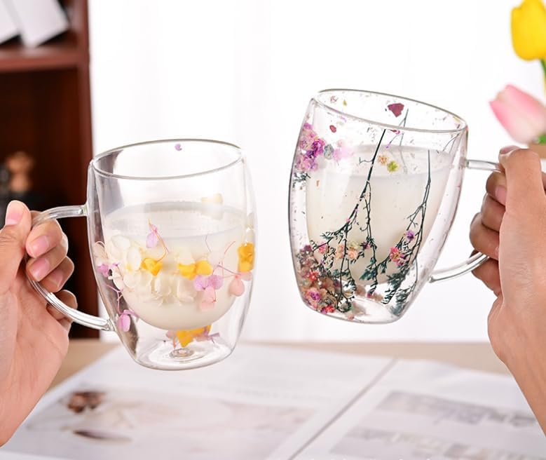 1CHASE Borosilicate Double Wall Flower Glass Coffee Cups with Handle 350 ML (Set of 2), Dry Flower Transparent Aesthetic Cups, Double Insulated Glass Cup for Hot Cold Beverages, Cappuccino (2 PCS)