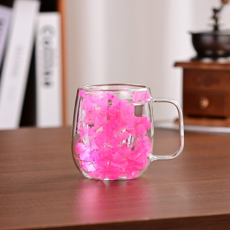 1CHASE Borosilicate Double Wall Coffee Cup Set – 250ML (2 Pcs) – Delicate Dried Flower Design with Immortal Flowers (Pink & Purple) – Elegant Gift for Valentine’s, Anniversaries & Special Moments