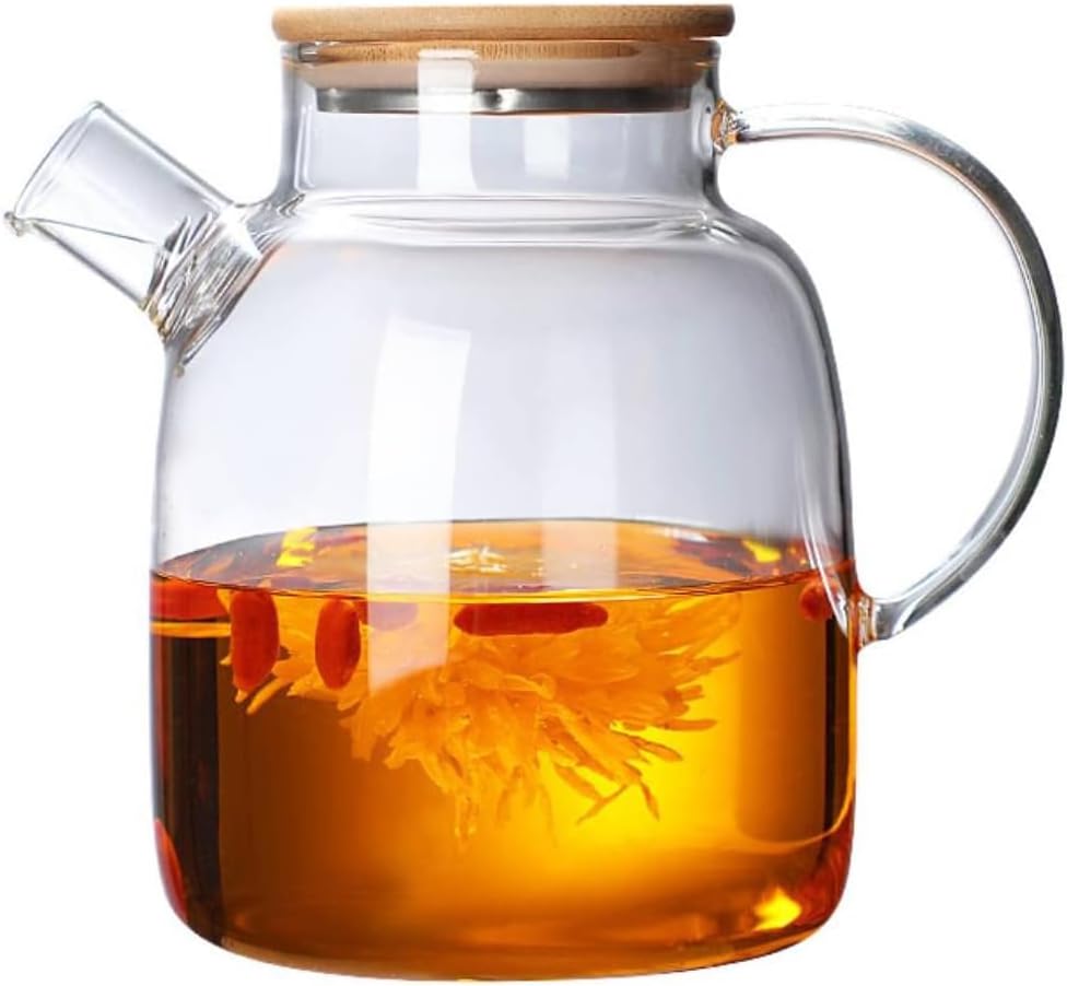 1CHASE Borosilicate Glass Teapot with Bamboo Lid and Removable Infuser, Perfect for Loose Leaf and Blooming Tea 1600ML