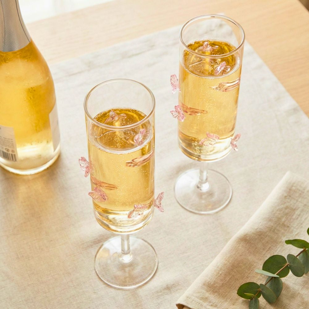 Champagne Flute Glasses with Butterfly Design, 180ML Elegant Stemware Set of 2, Clear Glass Sparkling Wine & Prosecco Glasses for Celebrations