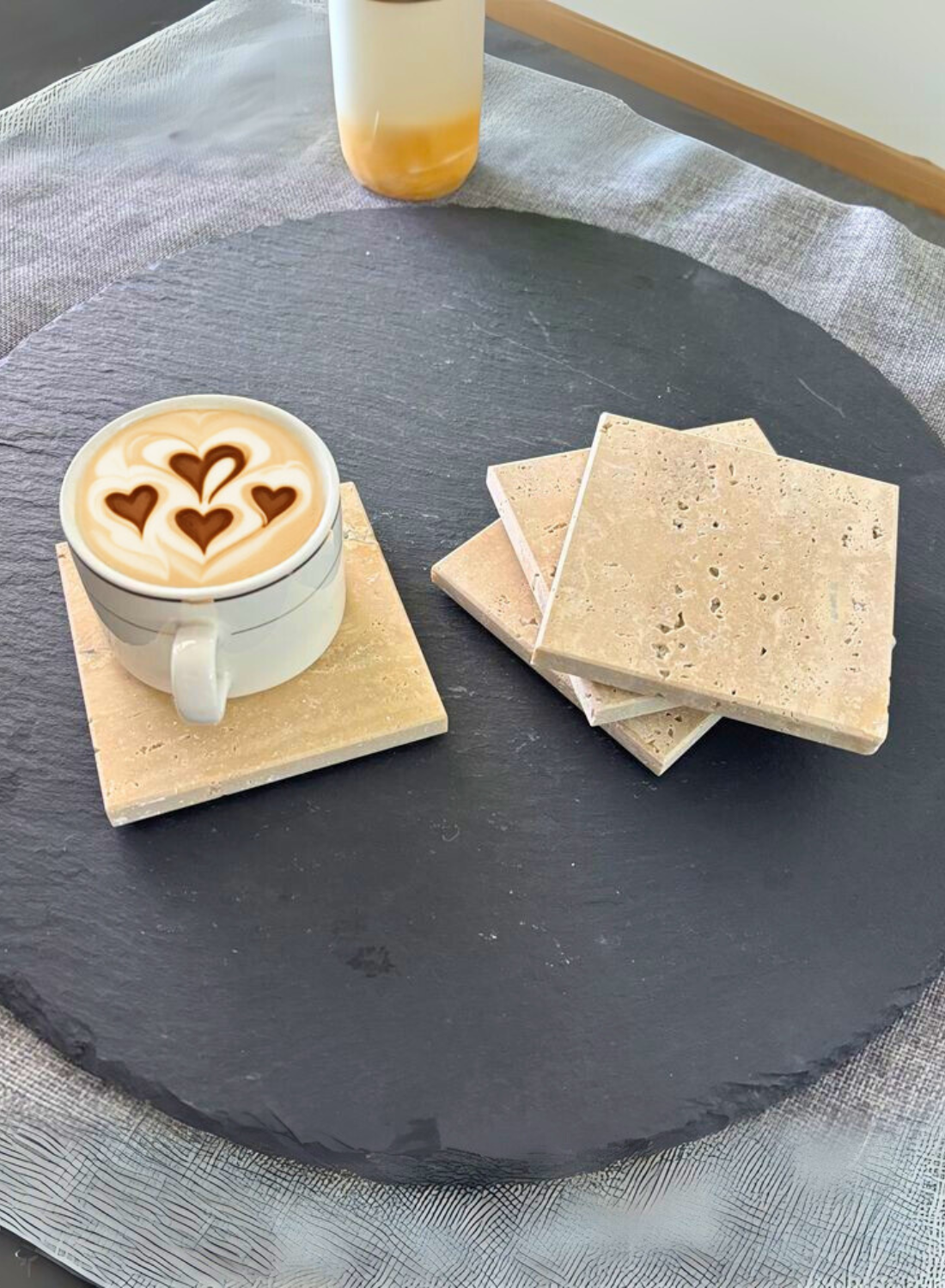 1Chase Natural Travertine Marble Coasters – Set of 4 (10x10cm) | Premium Travertine Marble Drink Coasters for Home & Office