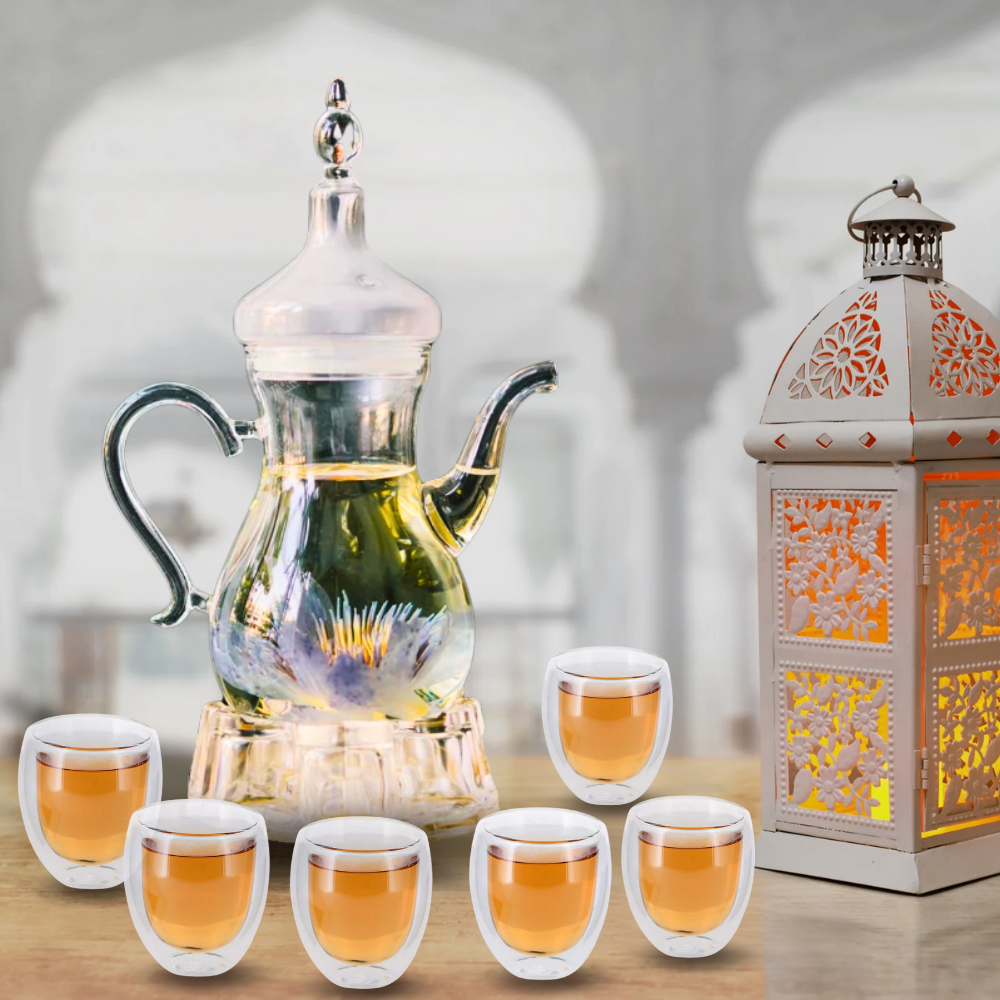 1Chase Arabic Tea Set β 1000ml Borosilicate Glass Teapot with Heart-Shaped Warmer & 6Pc 80ml Tea Cups β Heat-Resistant, Elegant Present for Ramadan & Special Occasions