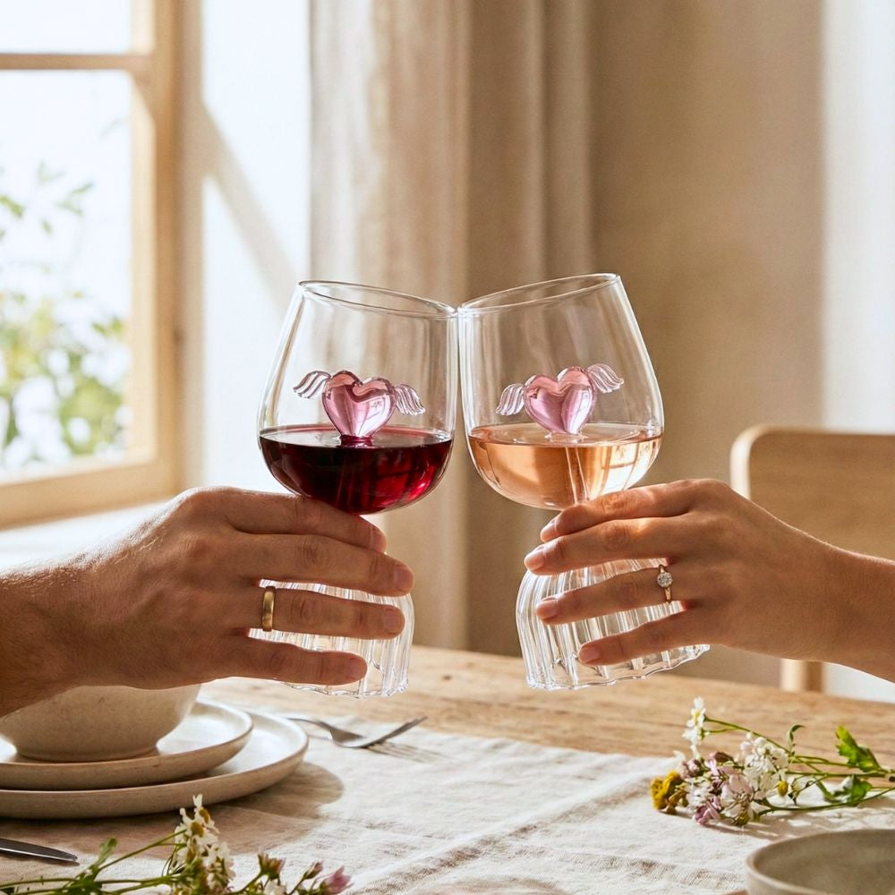 Pink Love Wings Glass Cup & Goblet, 350ML Decorative Borosilicate Wine Glass with Heart & Wings Design, Romantic Drinkware for Valentine’s Day, Parties & Gifting (1 Piece)