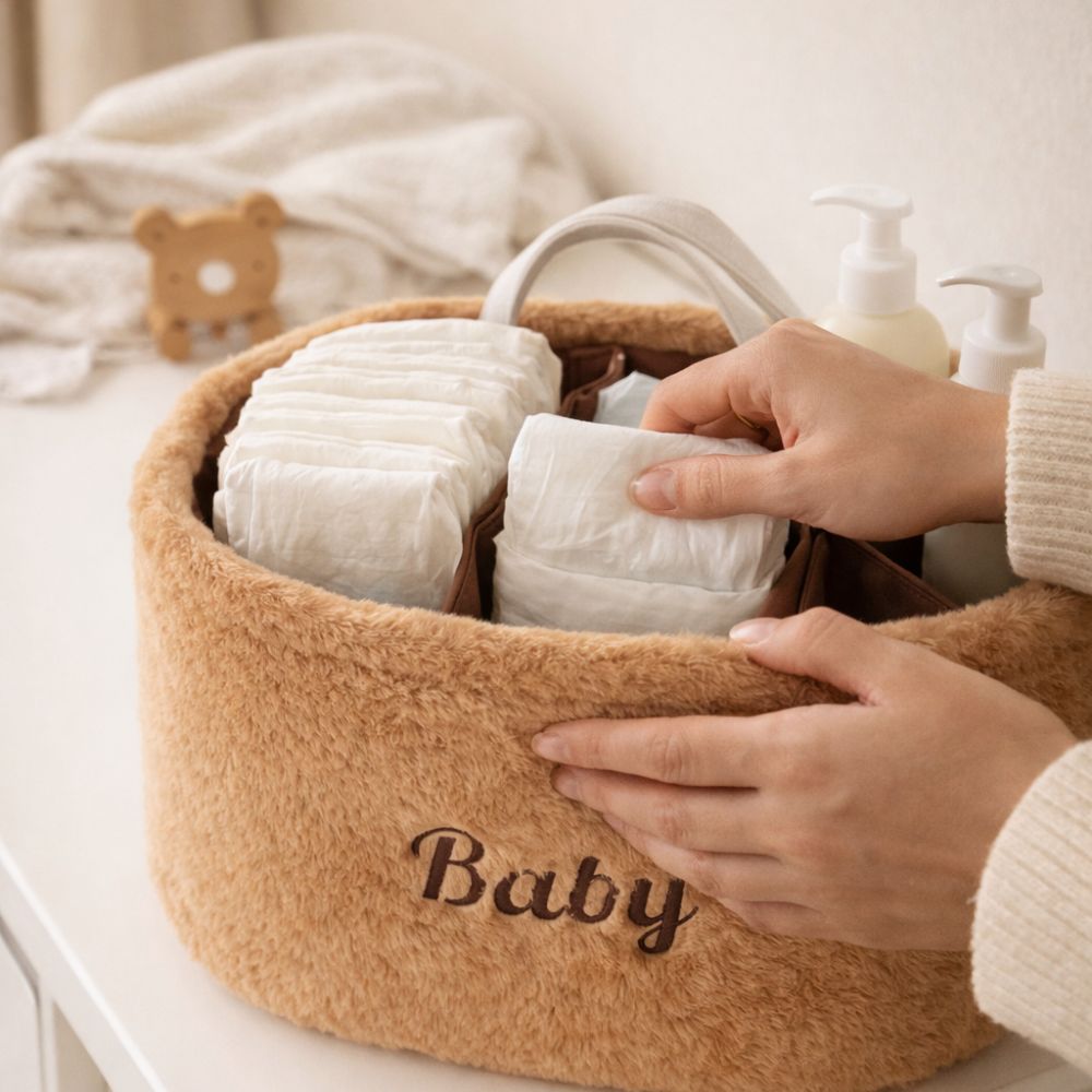 Baby Diaper Caddy Organizer – Soft Plush Nursery Storage Basket with Handles, Portable Changing Table & Car Organizer for Newborn Essentials