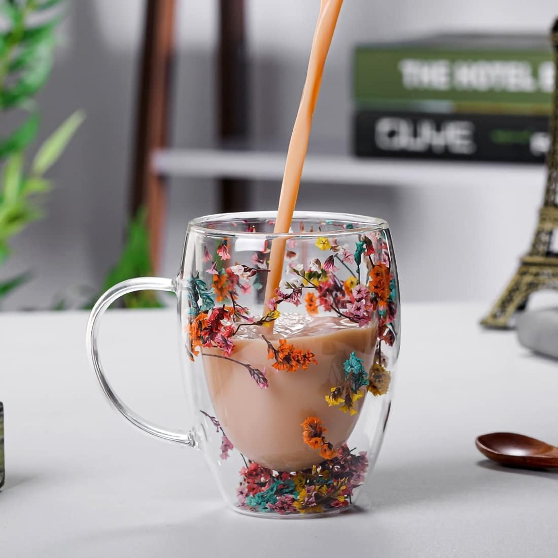 1CHASE Borosilicate Double Wall Flower Glass Coffee Cups with Handle 350 ML (Set of 2), Dry Flower Transparent Aesthetic Cups, Double Insulated Glass Cup for Hot Cold Beverages, Cappuccino (2 PCS)