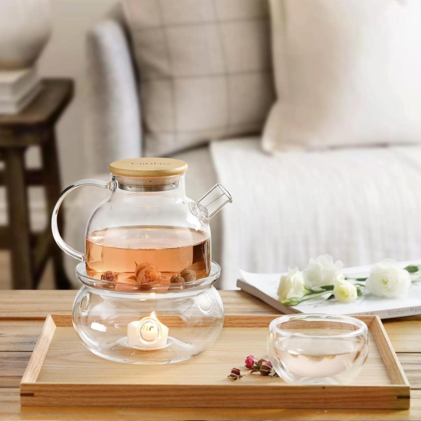 Borosilicate Glass Teapot with Bamboo Lid 1000 ML with Tea Warmer and 80 ml Double Wall Glass 6 Pc Set for Blooming Tea, Flower Tea, Loose Leaf Tea, Espresso, Tea, coffee…