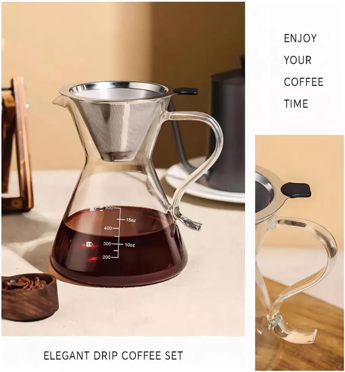 1CHASE Borosilicate Heat Resistant Glass Coffee Server Pot with Filter For Pour Over Coffee Maker 500 ML