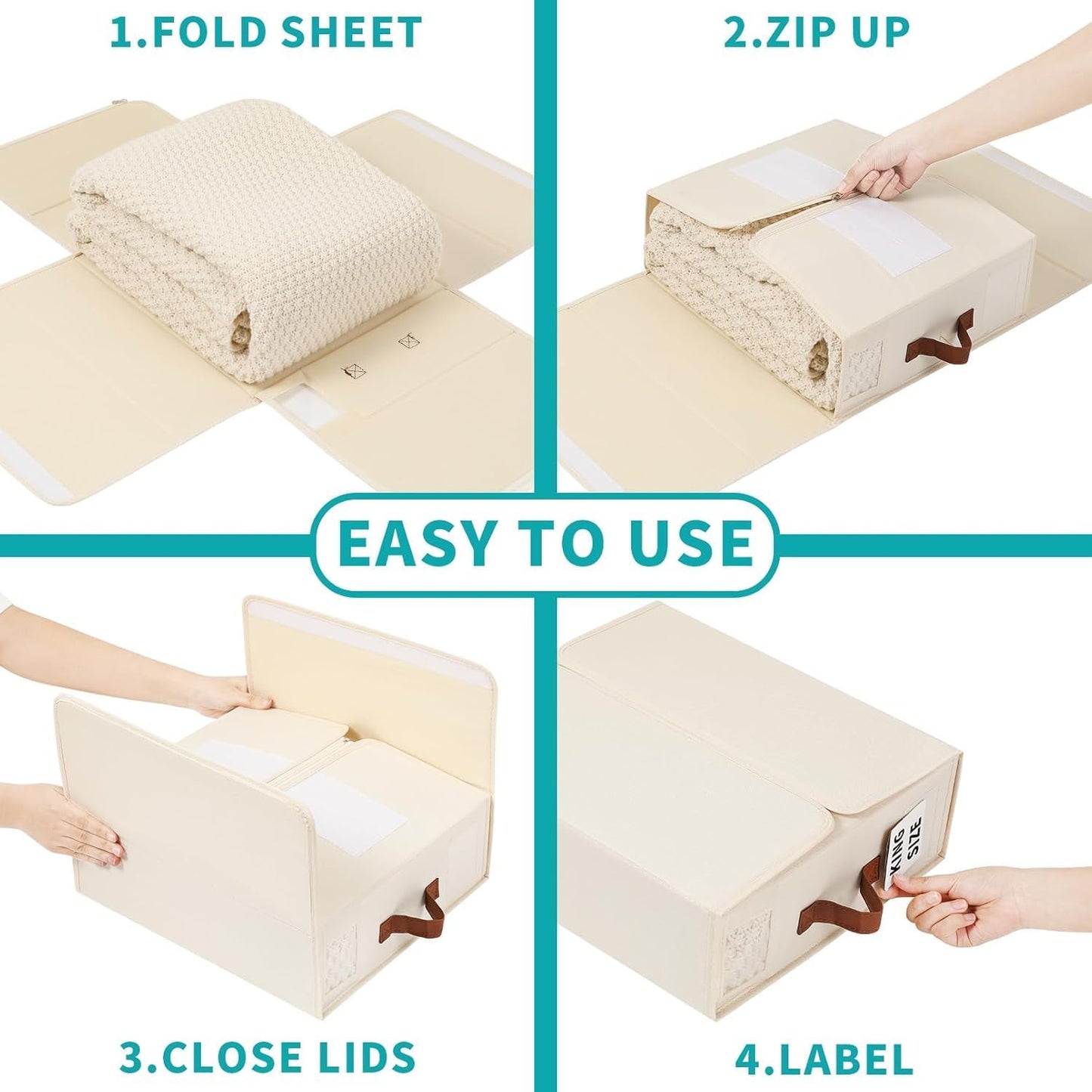 Bed Sheet Organizers and Storage - 4-Pack Foldable Linen Closet Organizer with Clear Window, Sheets Set Folder Keeper, Bedding Storage Box for Bed Sheets and Pillows, Cube Organizer. (BEIGE)