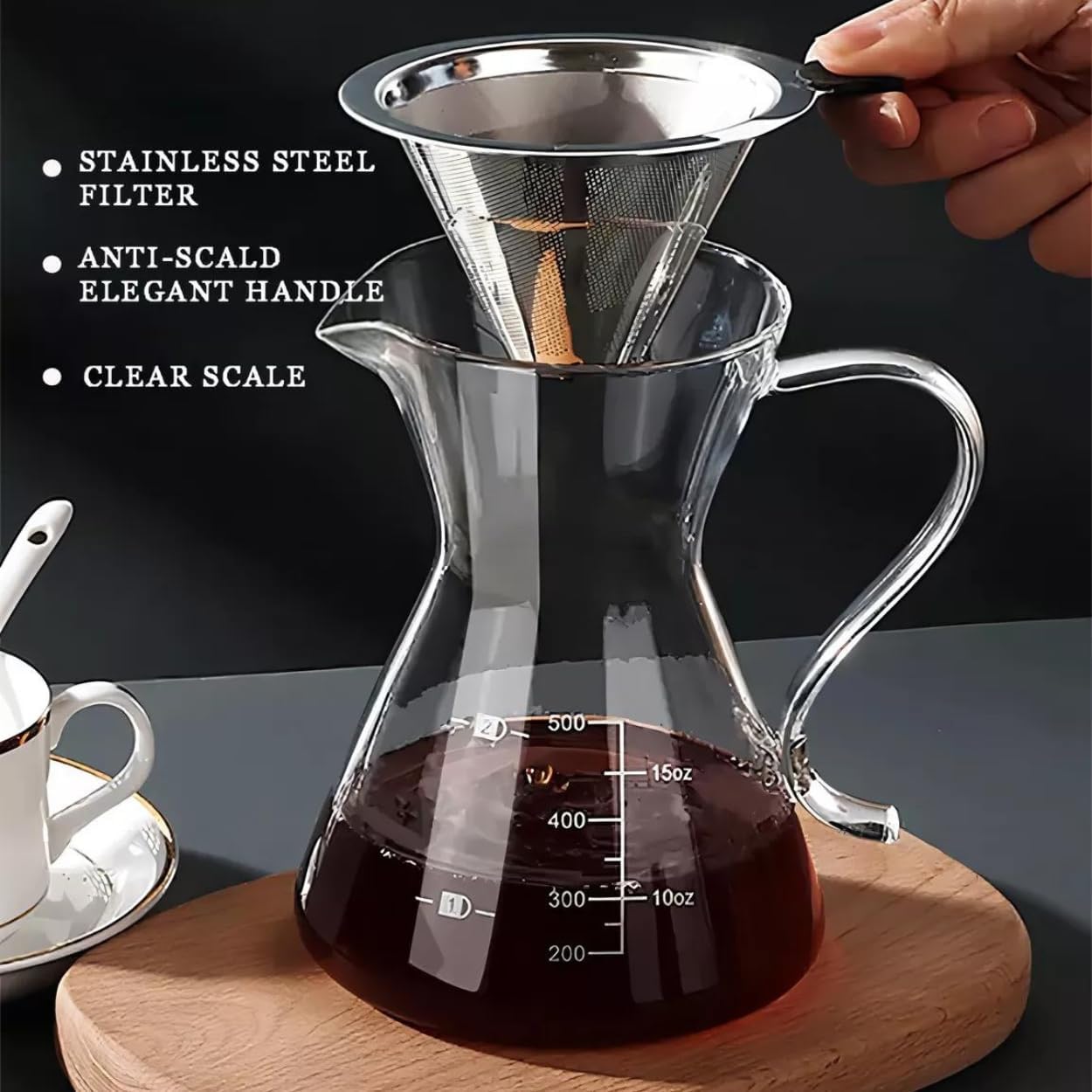 1CHASE Borosilicate Heat Resistant Glass Coffee Server Pot with Filter For Pour Over Coffee Maker 500 ML