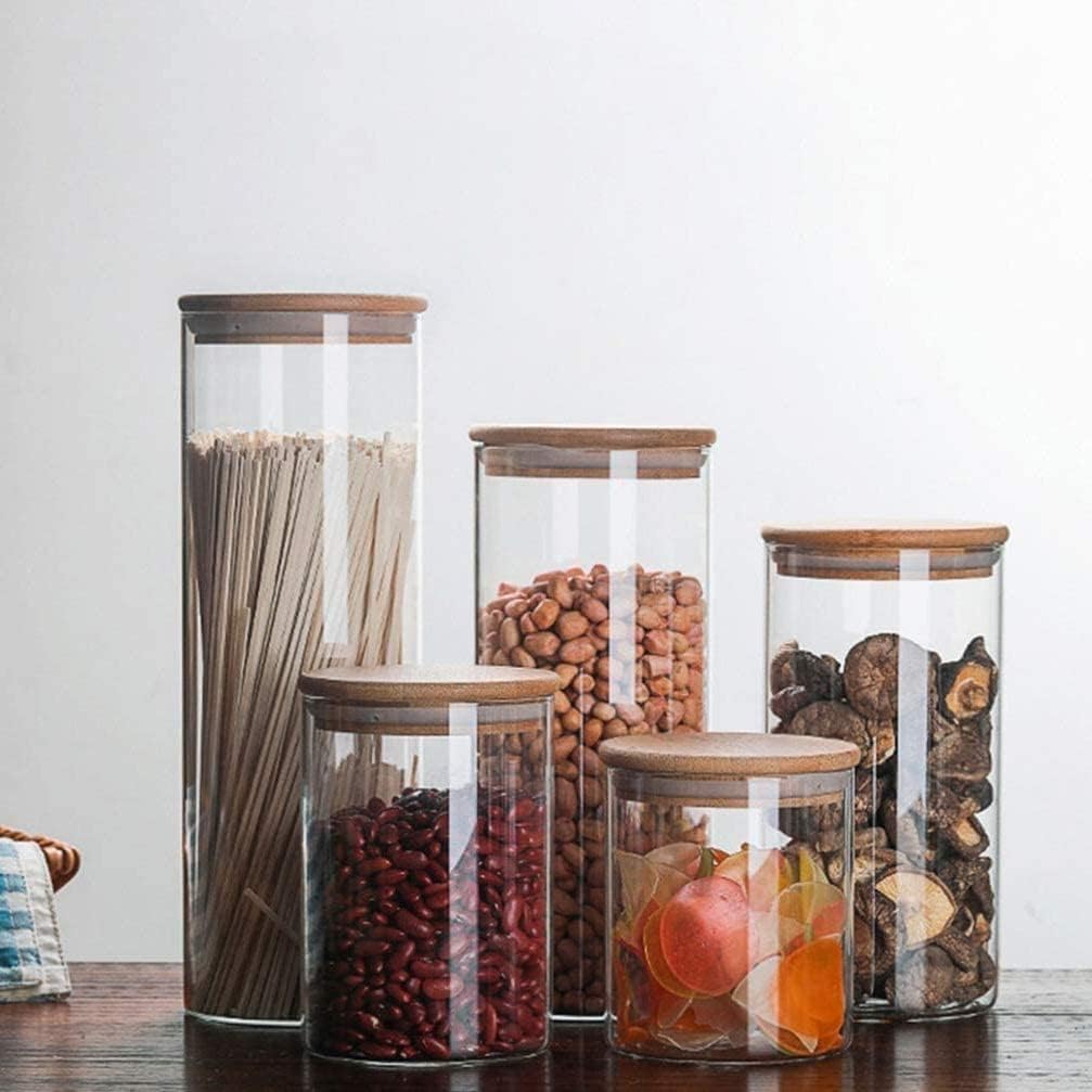 1CHASE® Borosilicate Glass Food Storage Jars, Air Tight Kitchen Food Storage Container Set with Natural Bamboo Lids / 3 pcs Spoon for Candy Cookie Rice Sugar Flour Pasta Nuts,1200 ML 3Pcs Set (3)