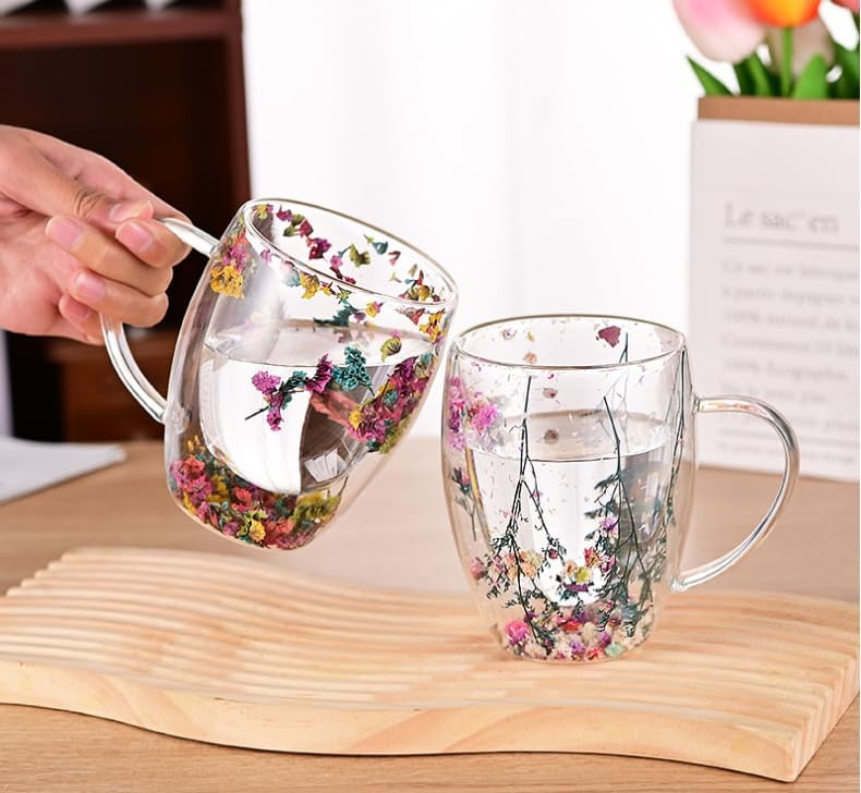 1CHASE Borosilicate Double Wall Flower Glass Coffee Cups with Handle 350 ML (Set of 2), Dry Flower Transparent Aesthetic Cups, Double Insulated Glass Cup for Hot Cold Beverages, Cappuccino (2 PCS)