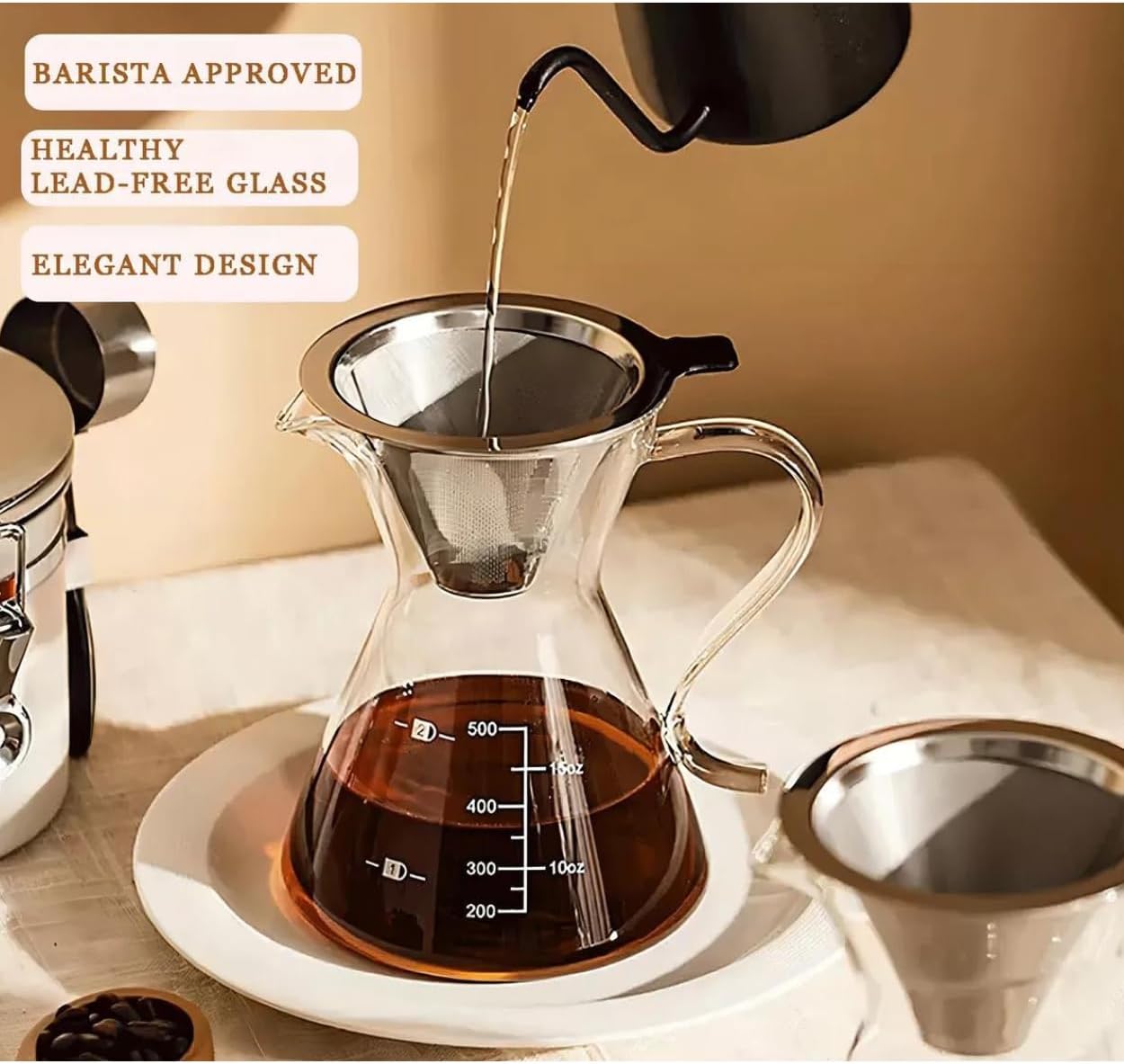 1CHASE Borosilicate Heat Resistant Glass Coffee Server Pot with Filter For Pour Over Coffee Maker 500 ML