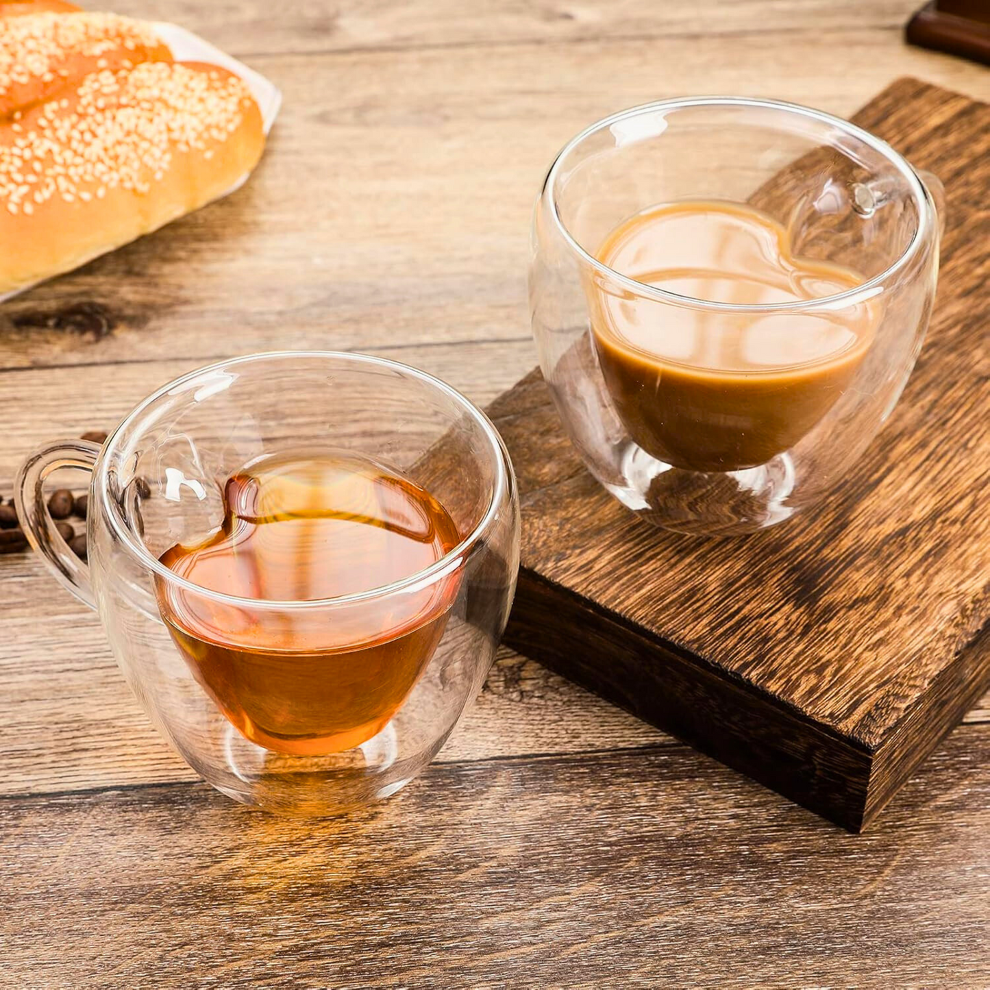 1CHASE Heart Shaped Double Wall Glass Coffee Mug With Handle, 180ML – Borosilicate Cup for Tea, Coffee, Espresso | Romantic Valentine's Day Gift for Couples, Him & Her (Set of 2)