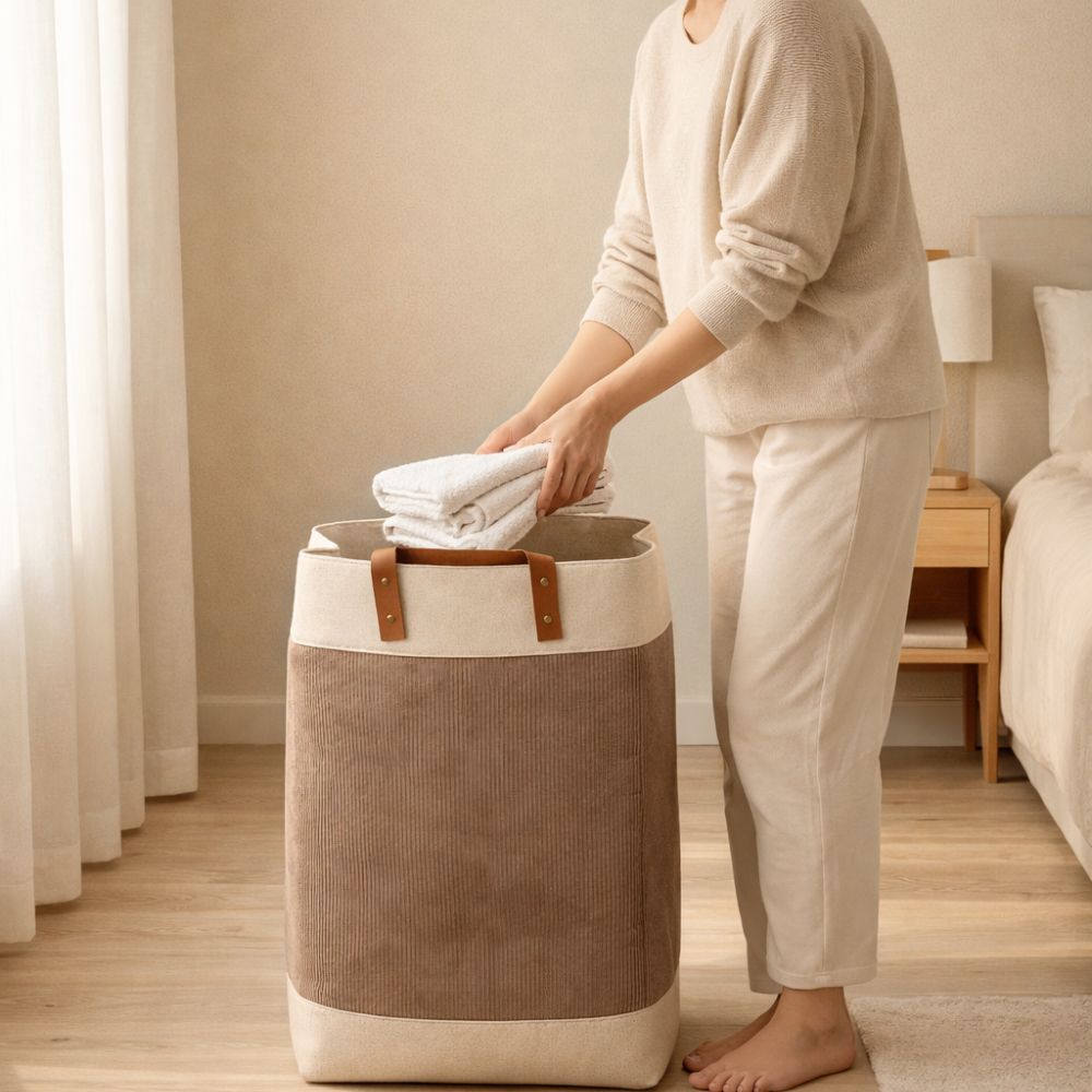 Foldable Velvet Laundry Basket 60L (55x35x30cm) with Leather Handles – Natural Jute Style Storage Bin for Clothes, Blankets & Home Organization