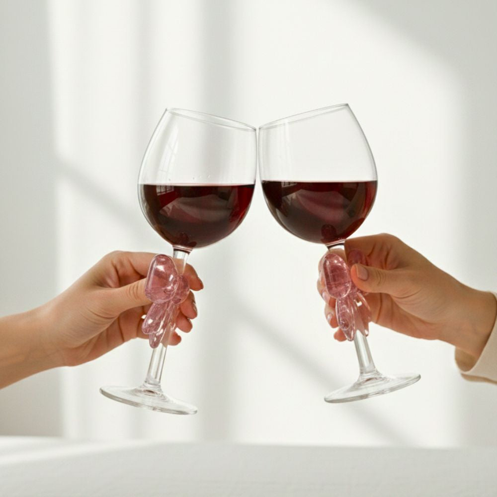 Borosilicate Goblet Wine Glass with Pink Bow, 350ML Elegant Decorative Wine Glass, Heat Resistant Glassware for Red & White Wine, Parties & Gifting (1 Piece)
