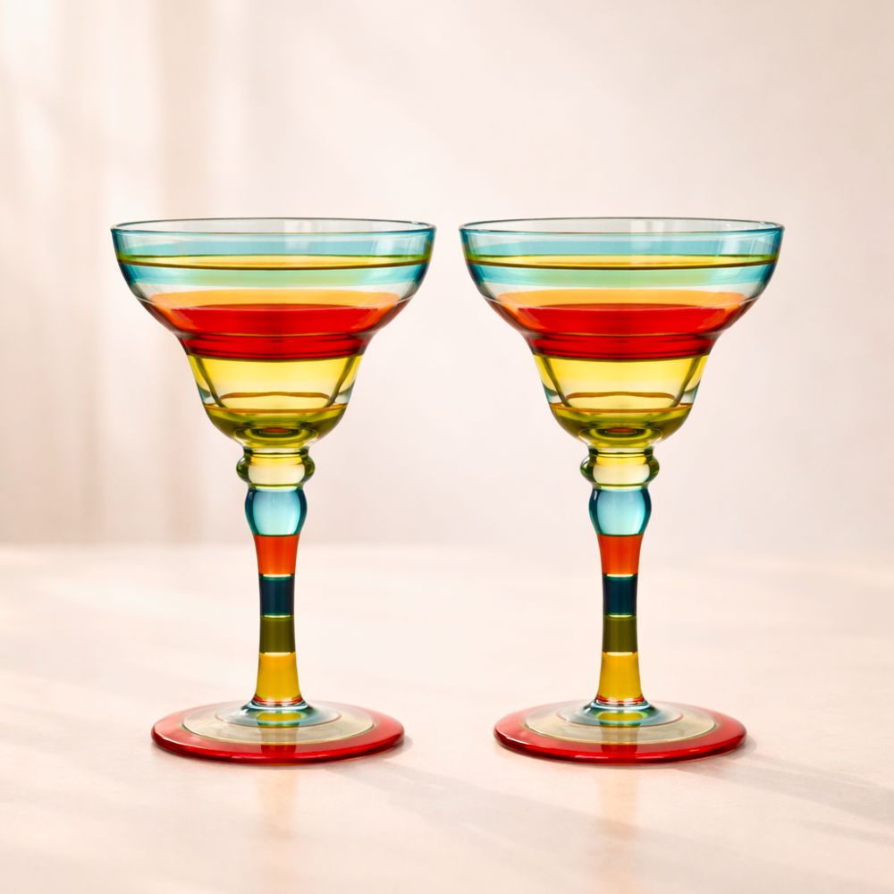 Hand Painted Margarita Glasses Moroccan Collection, 270ML Set of 2, Artisan Decorative Glassware with Blue Lines, Unique Cocktail & Margarita Glasses for Kitchen Table Décor